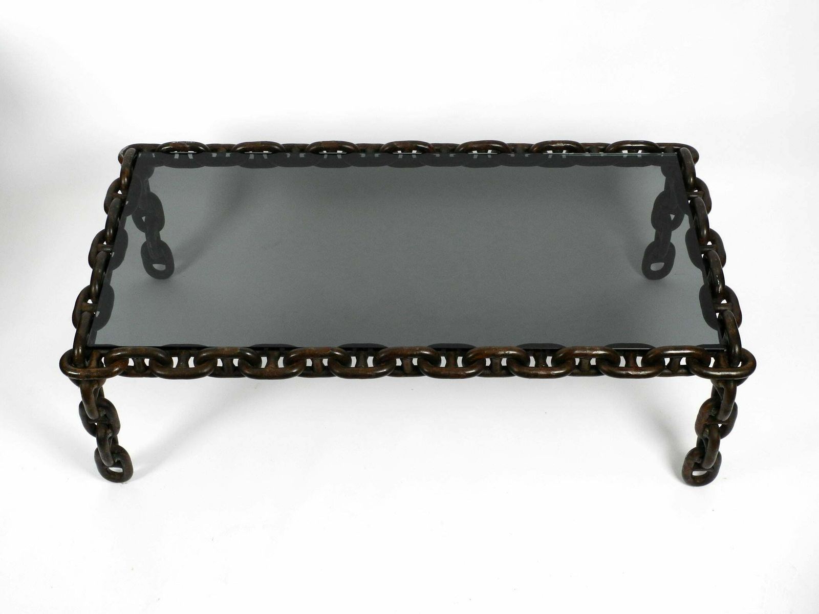 1970s Xl Coffee Table Made Of Nautical Iron Chain And A Thick Smoked Glass Plate photo vinterior