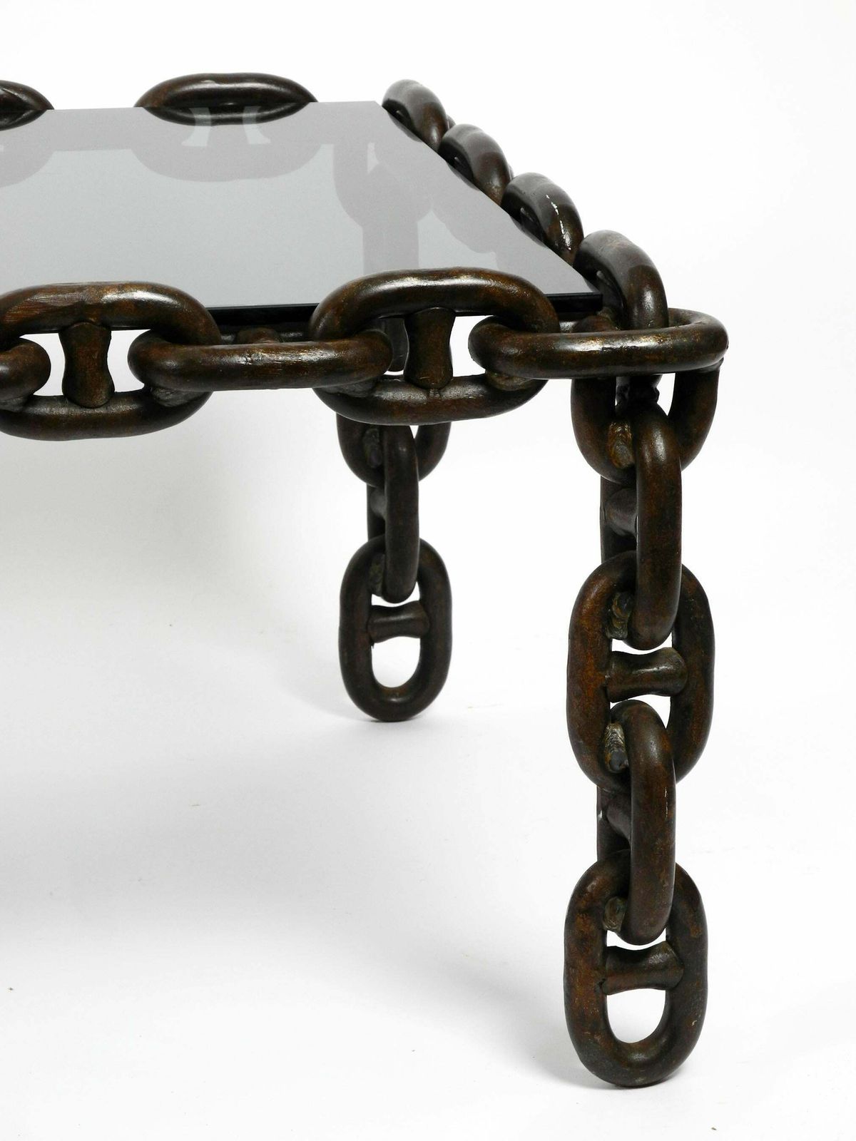 photo furniture 1970s Xl Coffee Table Made Of Nautical Iron Chain And A Thick Smoked Glass Plate