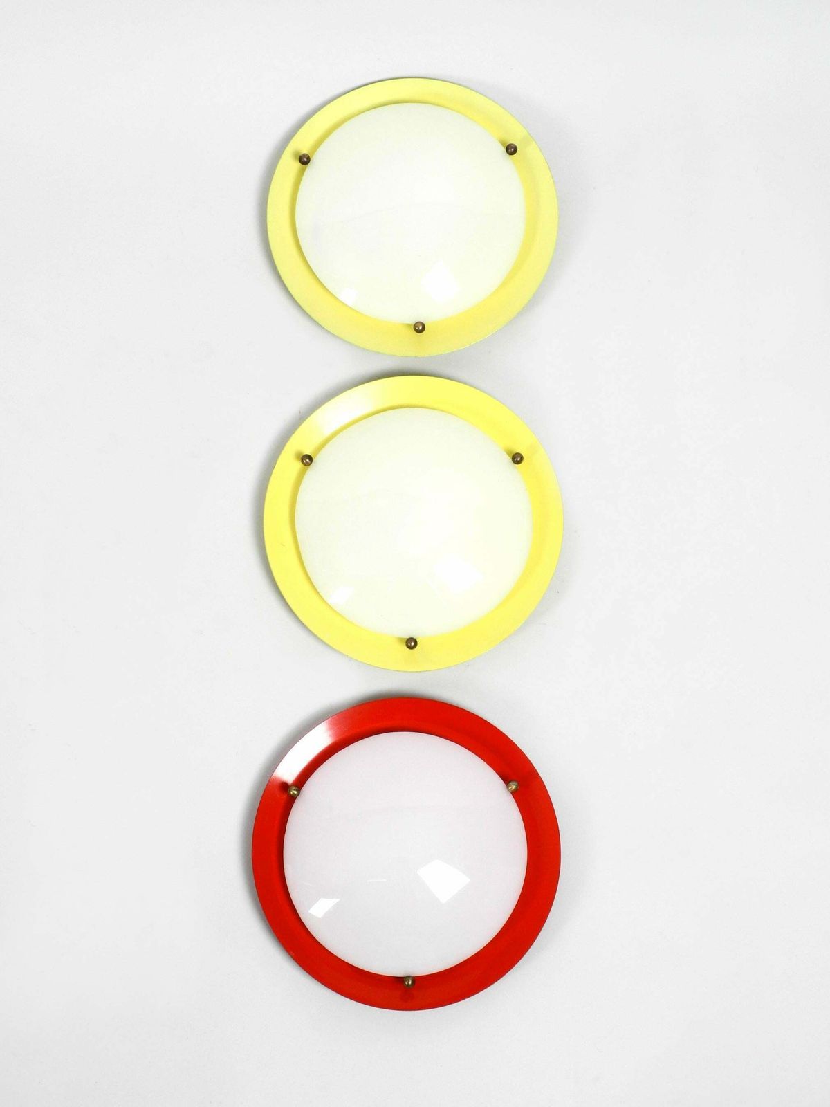 Three Round Midcentury Wall Or Ceiling Lamps Made Of Metal And Plexiglass Shade photo vinterior