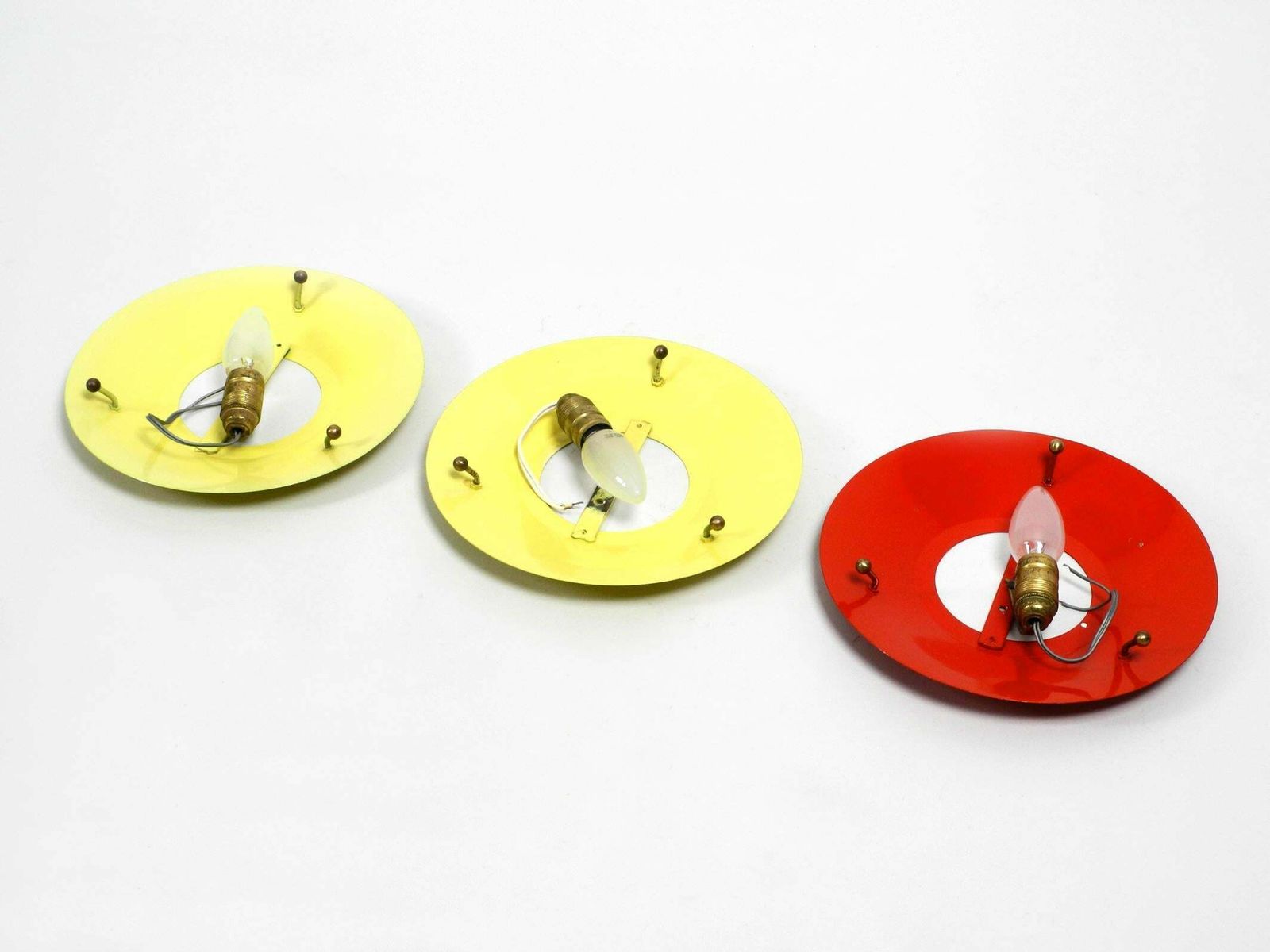 photo vintage Three Round Midcentury Wall Or Ceiling Lamps Made Of Metal And Plexiglass Shade