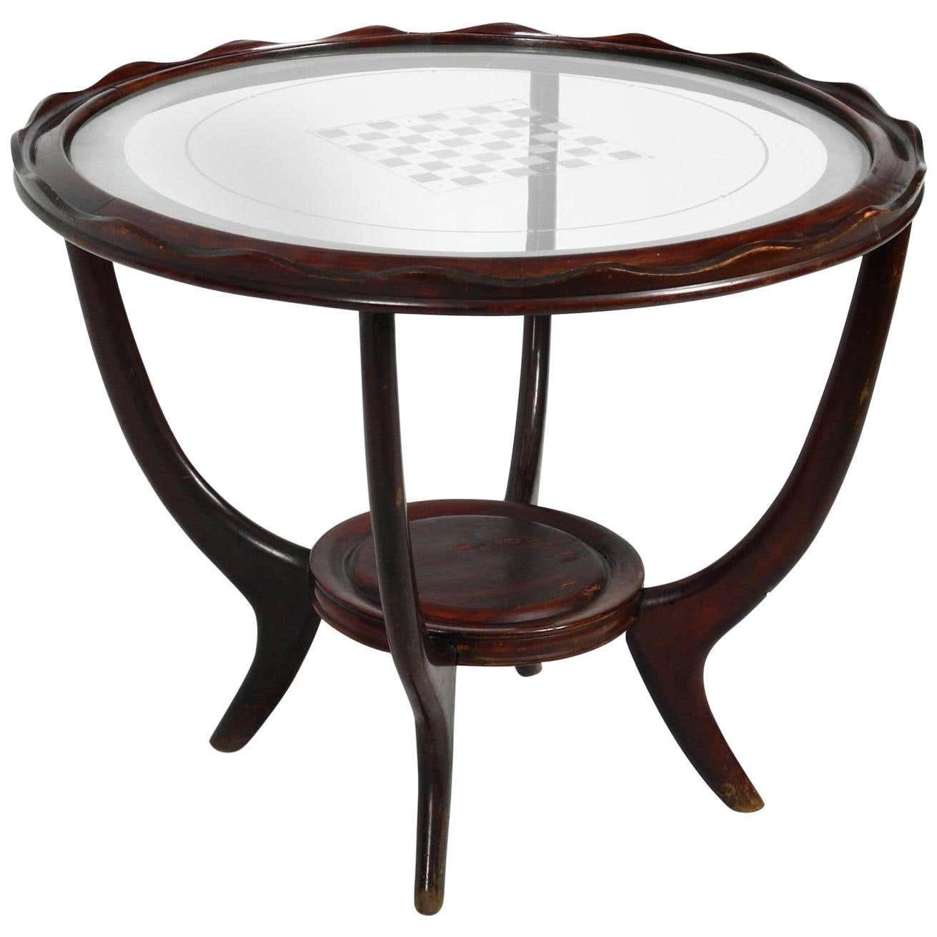 Original Midcentury Chess And Side Table Made Of Wood And Glass From Italy