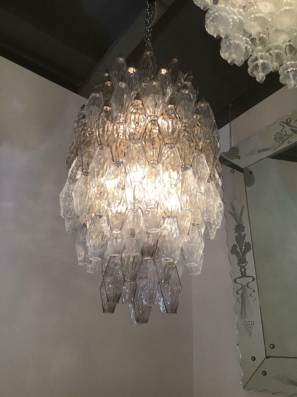 Venini Carlo Scarpa Chandelier Poliedri Murano Light Bluend Brass, 1950 photo vintage