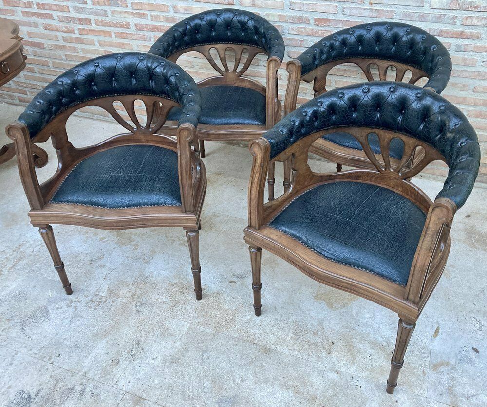 French Dining Armchairs In Leather And Walnut, 1950s, Set Of 4 photo for sale