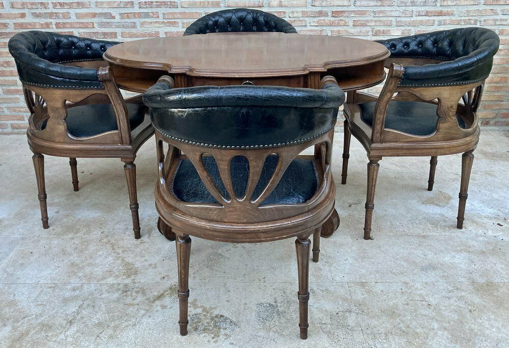 photo buy French Dining Armchairs In Leather And Walnut, 1950s, Set Of 4