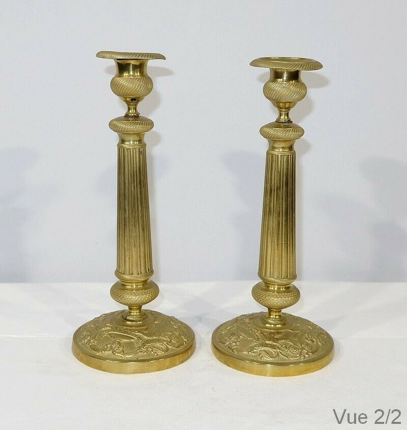 Pair Of Brass Candlesticks, Empire Style, Early 20th Century photo vinterior