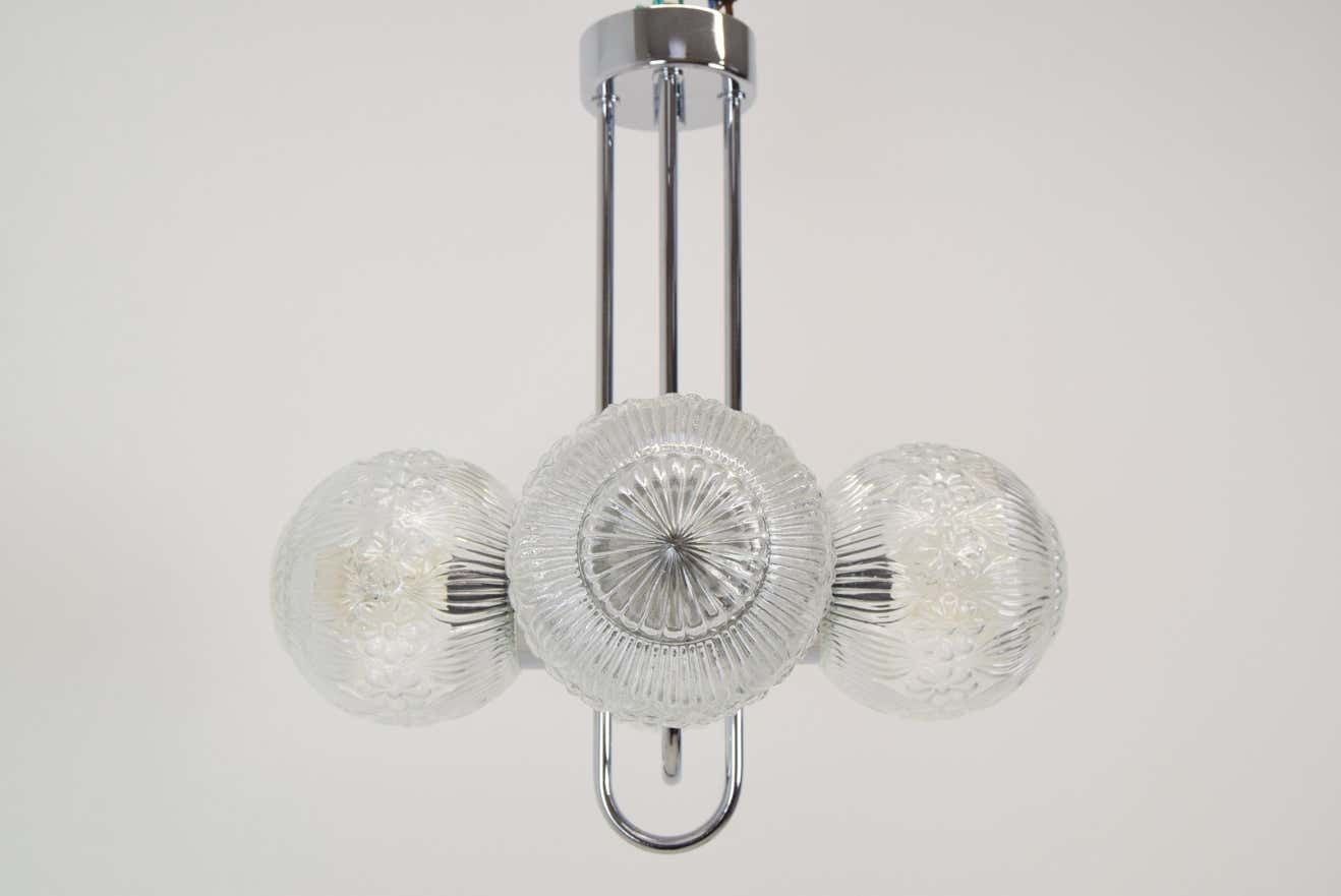 Pair Of Mid Century Chrome Chandeliers By Instala Decin,1970's photo for sale
