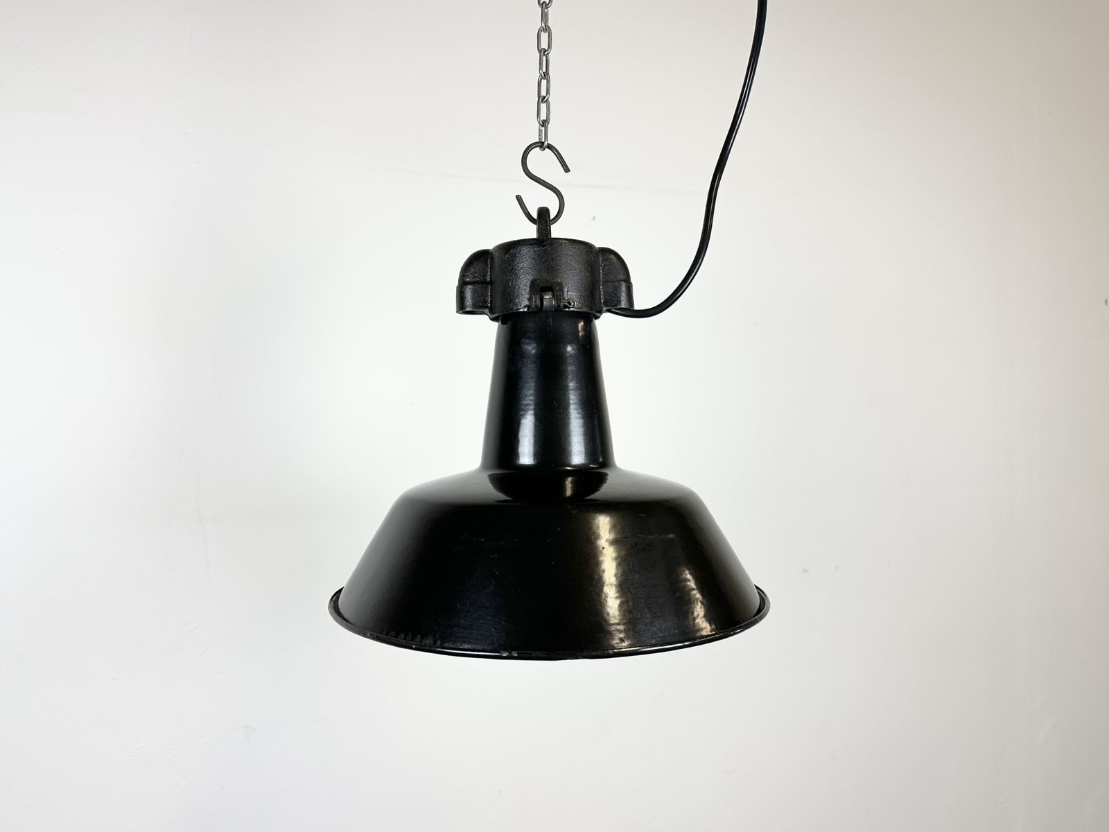 Industrial Black Enamel Factory Lamp With Cast Iron Top, 1960s photo furniture