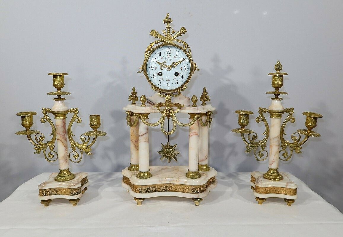 Marble And Bronze Fireplace Set, Louis XVI – 19th Style