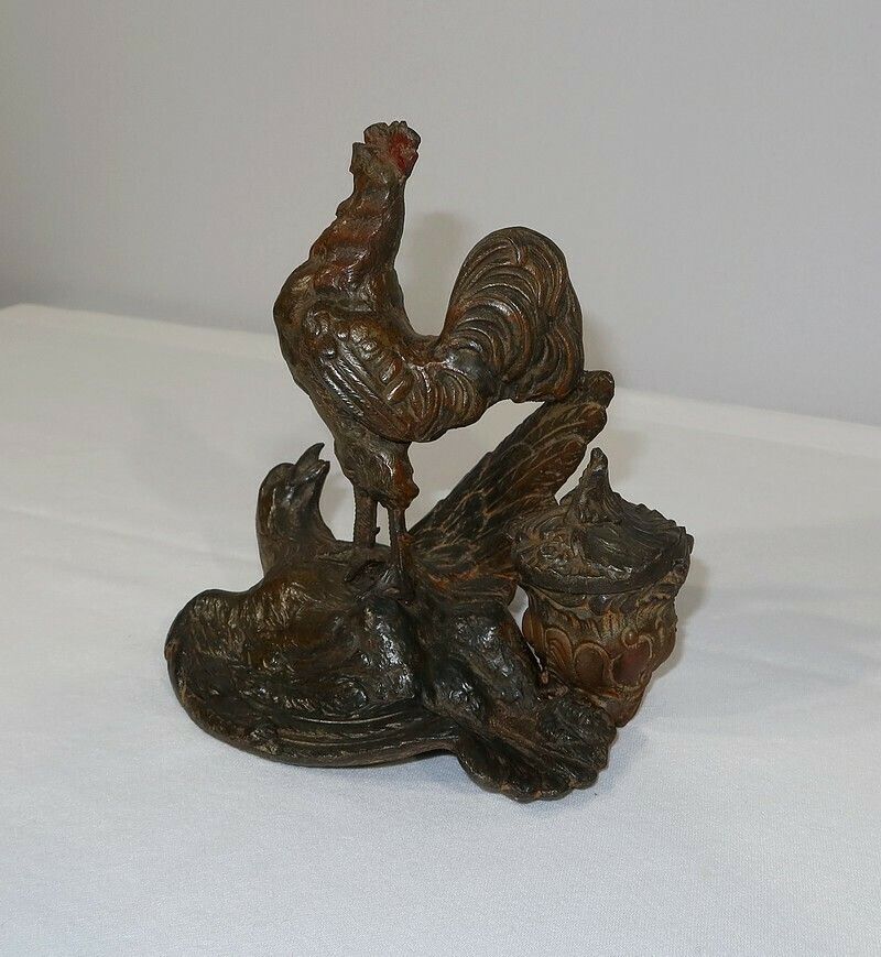 Inkwell In Patinated Spelter “Le Coq Patriotique” – Late 19th Century photo Home Decor