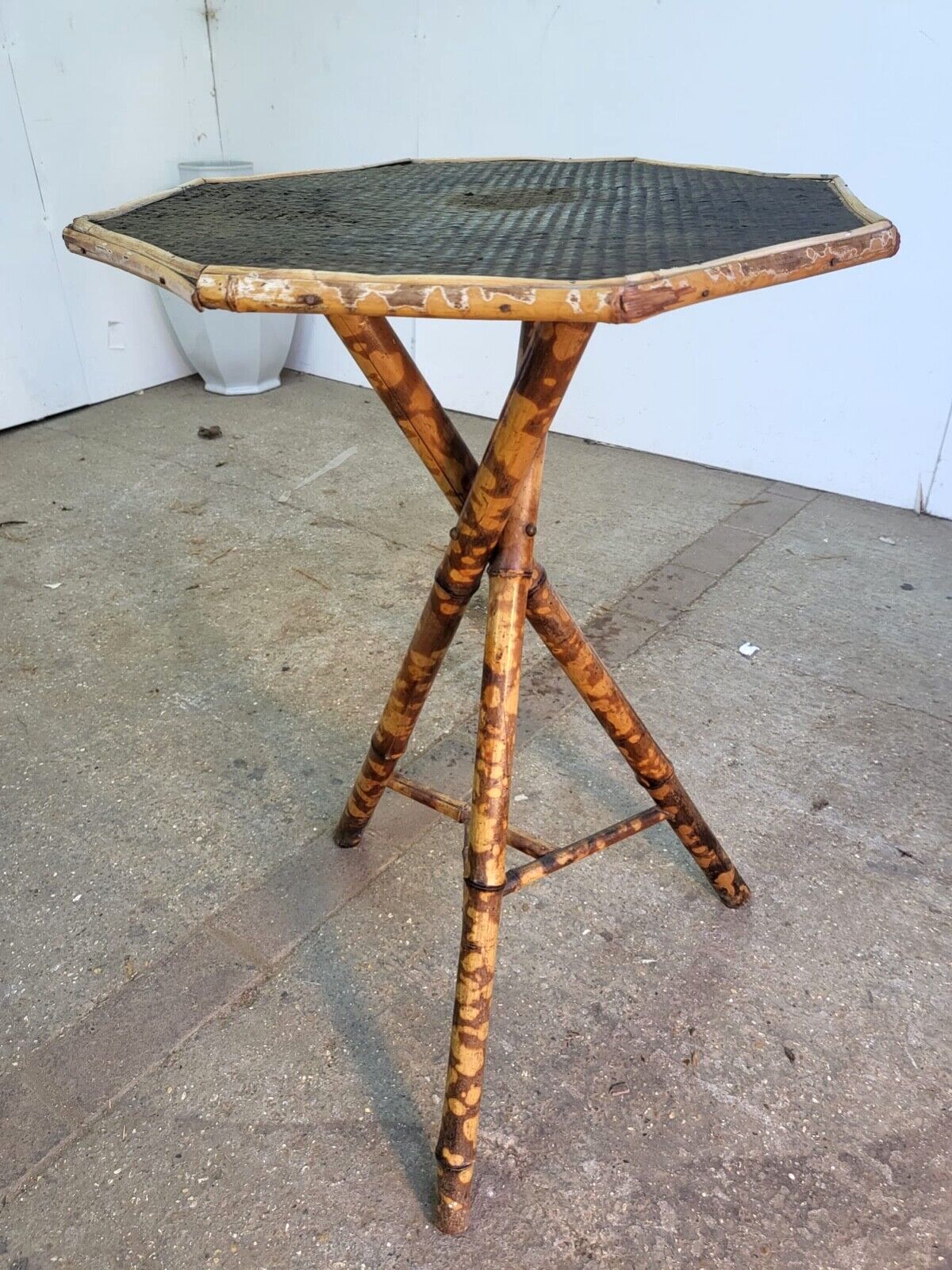 Antique Victorian Tiger Octagonal Wicker Bamboo Tripod Side End Lamp Table