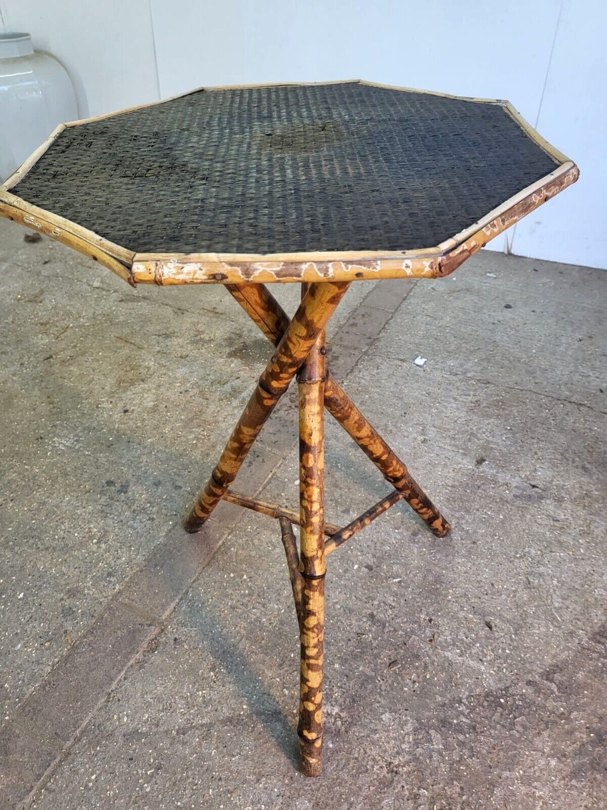 Antique Victorian Tiger Octagonal Wicker Bamboo Tripod Side End Lamp Table photo vintage