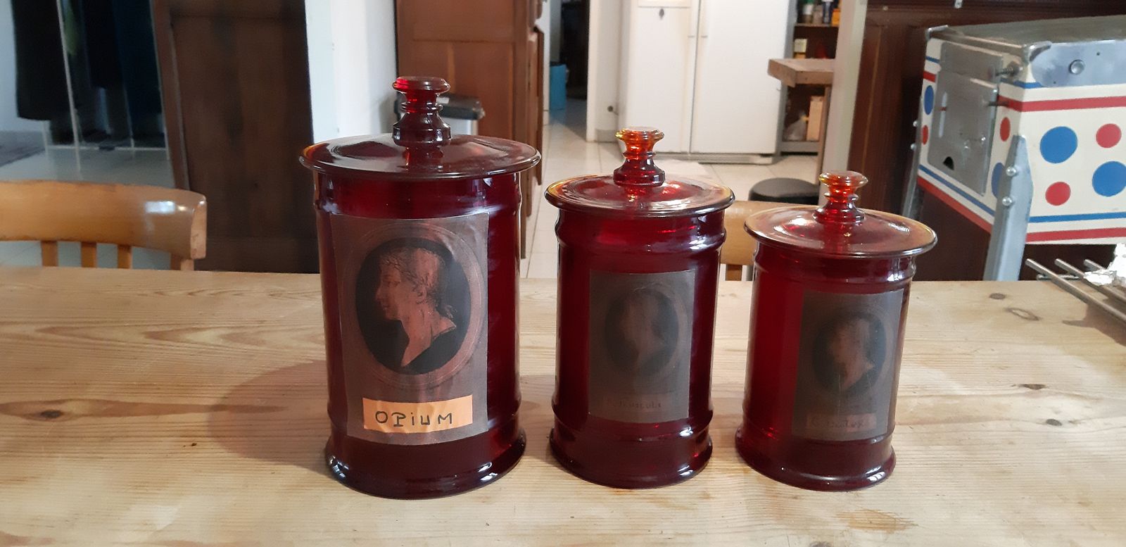 3 Red Glass Medicine Jars, 1970s