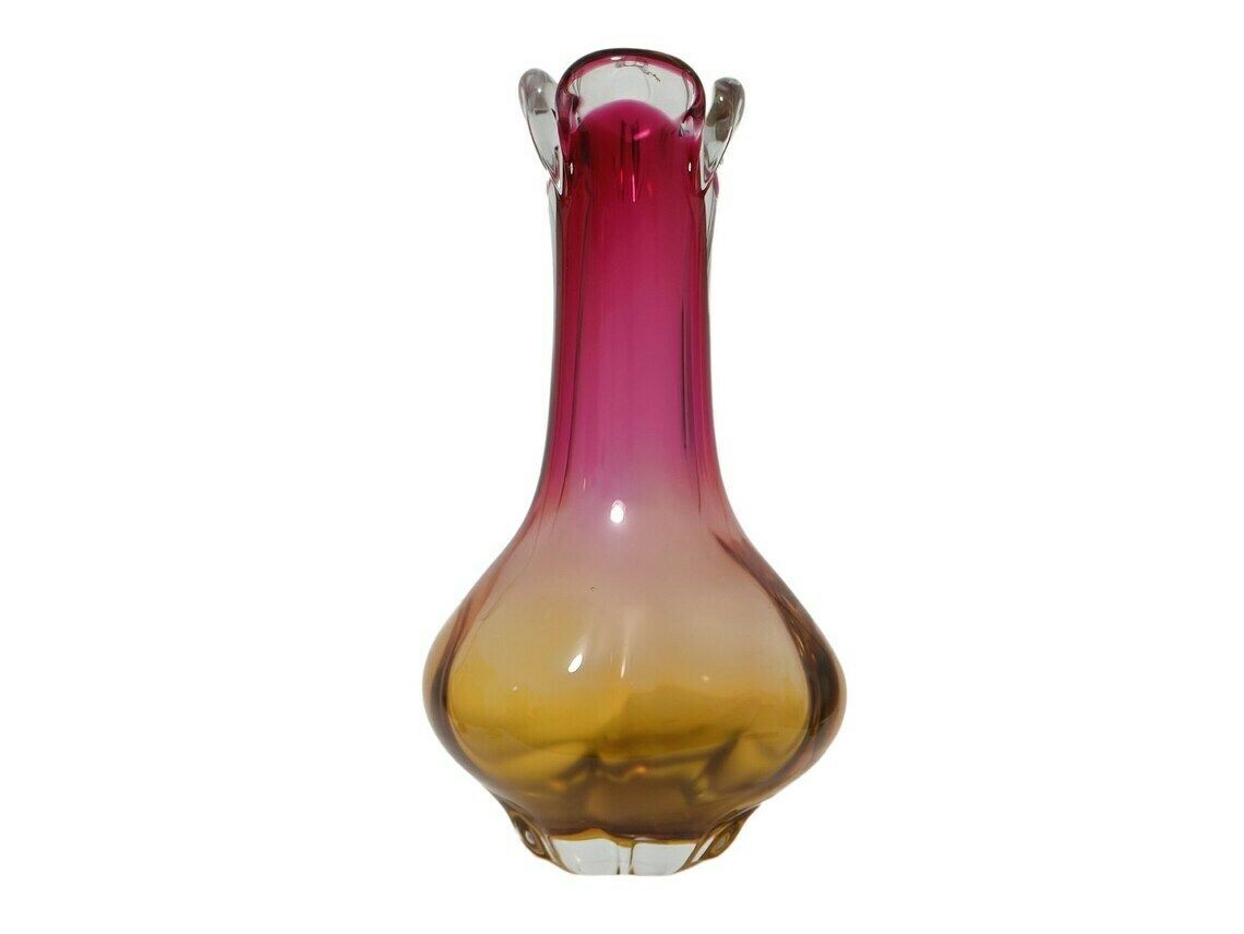 Chribska Bohemian Art Glass Vase Pink And Ochre 1960’s