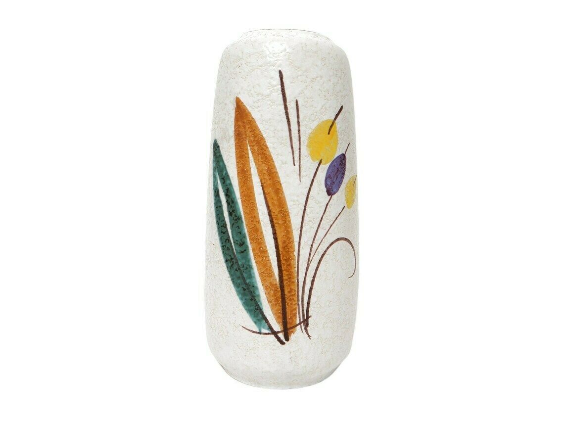 West German White Vase With Orange And Green Leaves Design, 1950’s