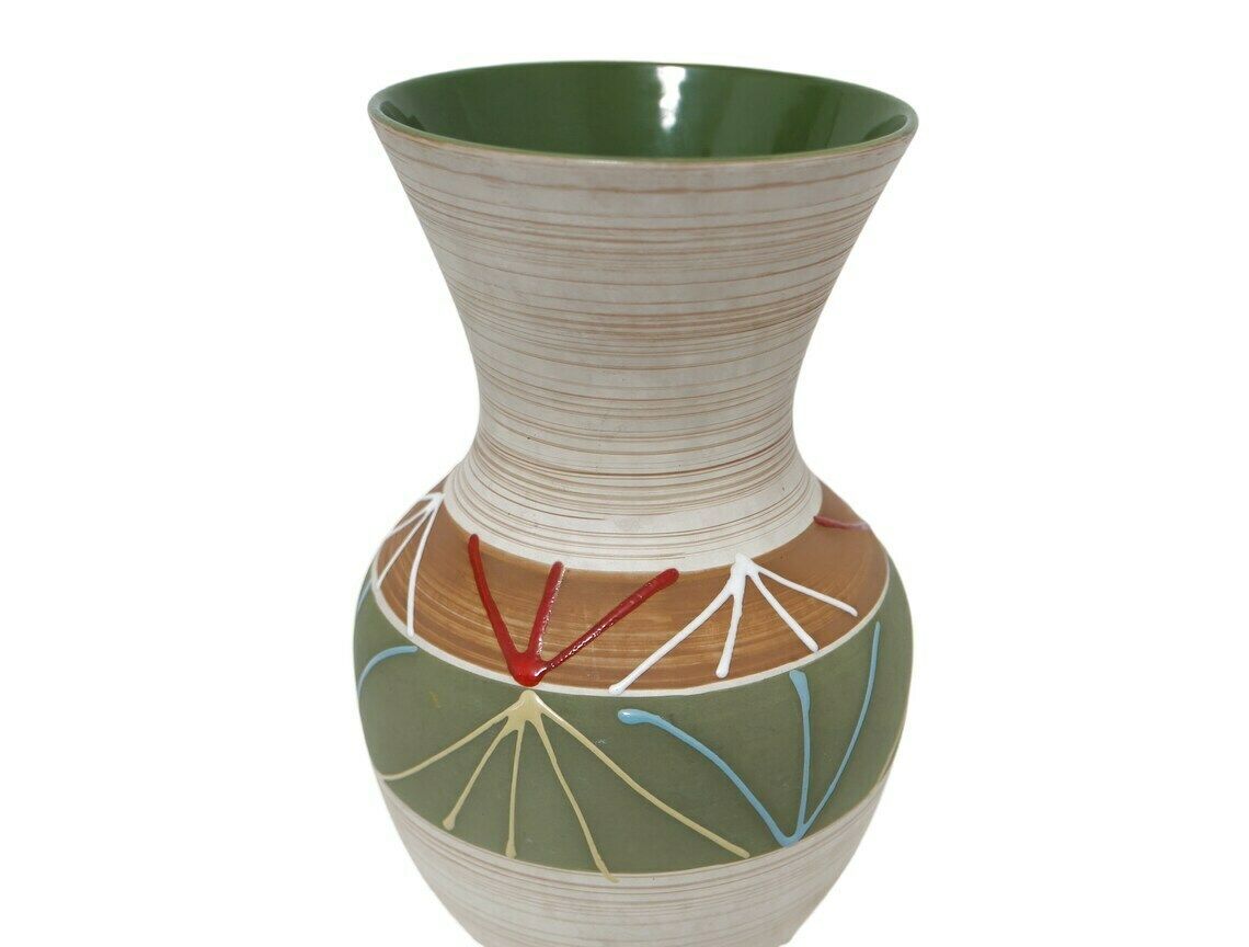 West German Ceramic Vase With Olive Green Interior And Multi Coloured Design, 1960’s photo vintage