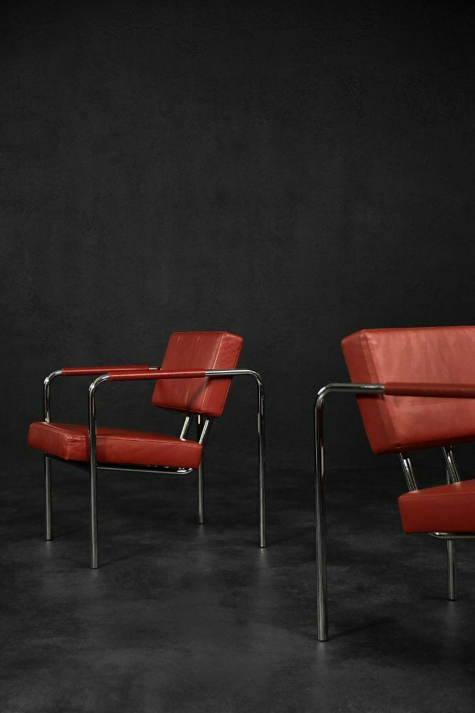 Scandinavische Bauhaus Fauteuils Model Ej 8 In Chroom En Rood Leer Door Torben Skov Voor Erik Jørgensen Møbelfabrik, 1990, Set Van 2 photo Meubels
