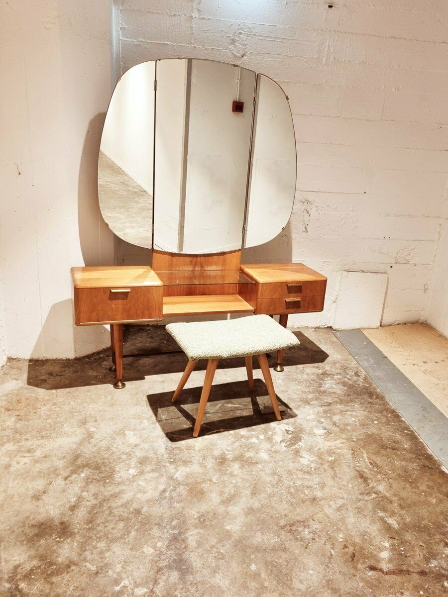 photo for sale Mid Century Art Deco Style Walnut & Brass Dressing Table By A.A. Patijn For Zijlstra Joure