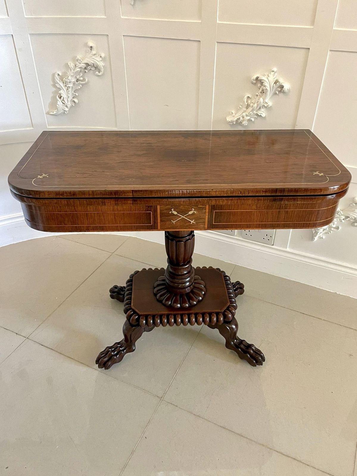 Fine Quality Antique Carved Rosewood Brass Inlaid Card Table photo vintage