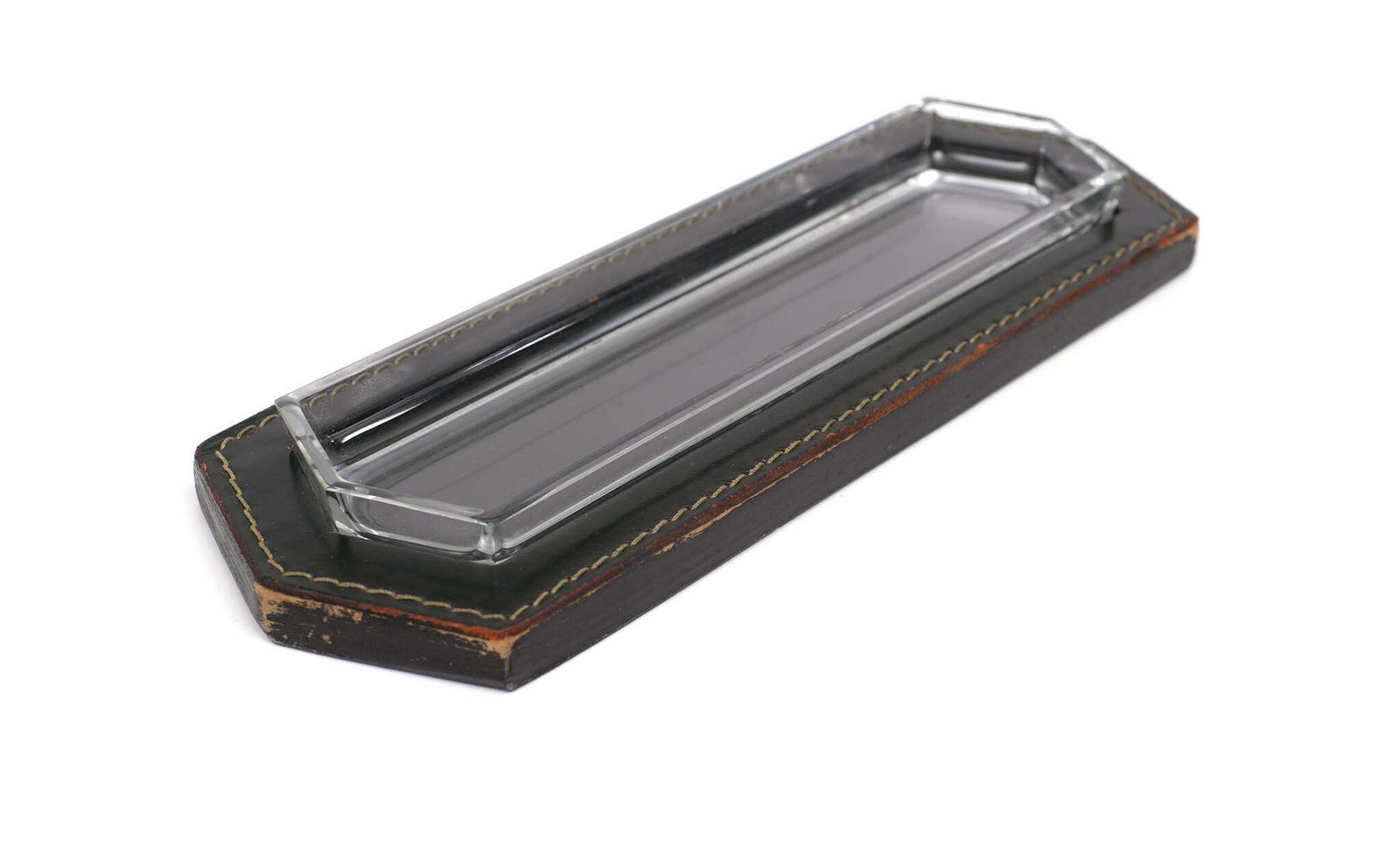 Stich Leather Pencil Holder Crystal Tray 1950s France photo for sale