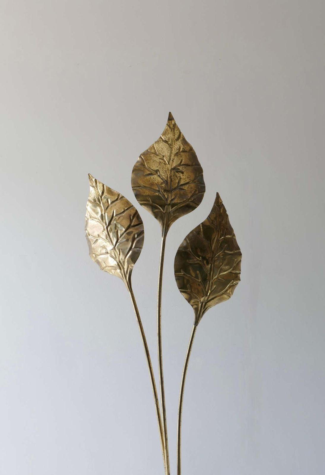 Brass 3 Lights, Leaf Shaped Floor Lamp, Tommaso Barbi Style, Italy, 1970s photo furniture