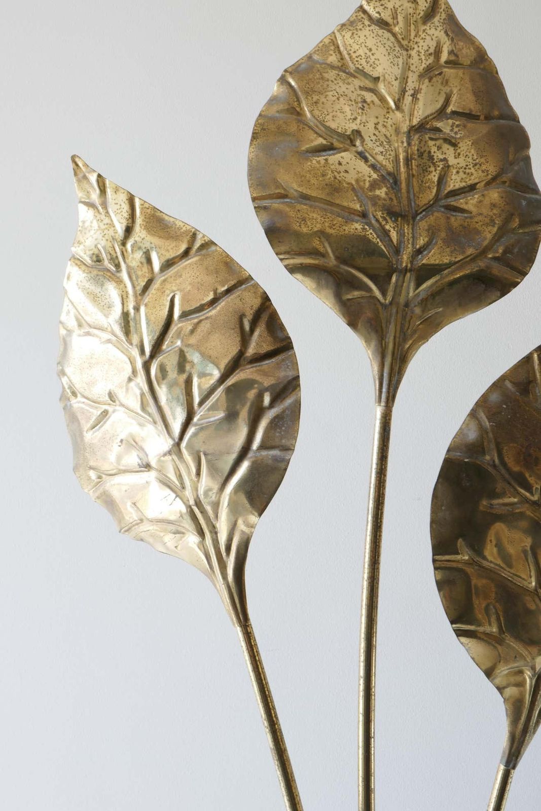 Brass 3 Lights, Leaf Shaped Floor Lamp, Tommaso Barbi Style, Italy, 1970s photo Lighting