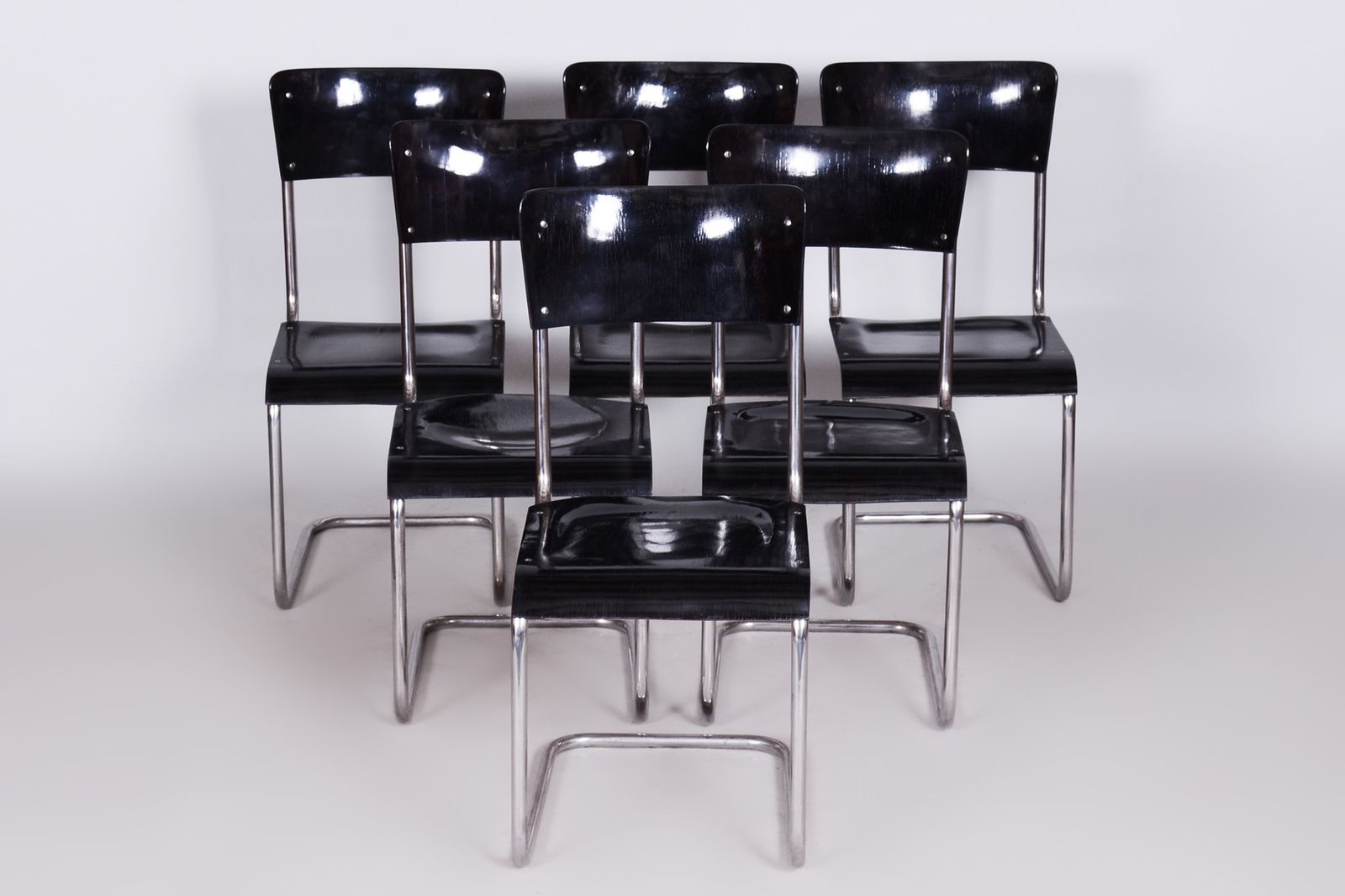Set Of 6 Black Bauhaus Chairs, Restored, High Gloss, Vichr A Spol, Czechia, 1930s photo for sale
