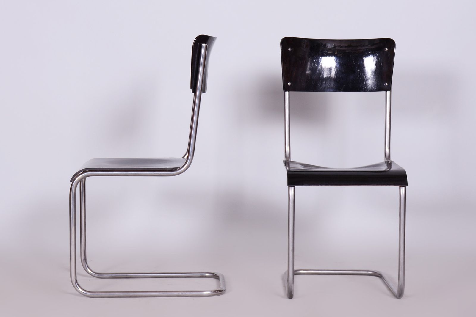 Furniture Set Of 6 Black Bauhaus Chairs, Restored, High Gloss, Vichr A Spol, Czechia, 1930s photo