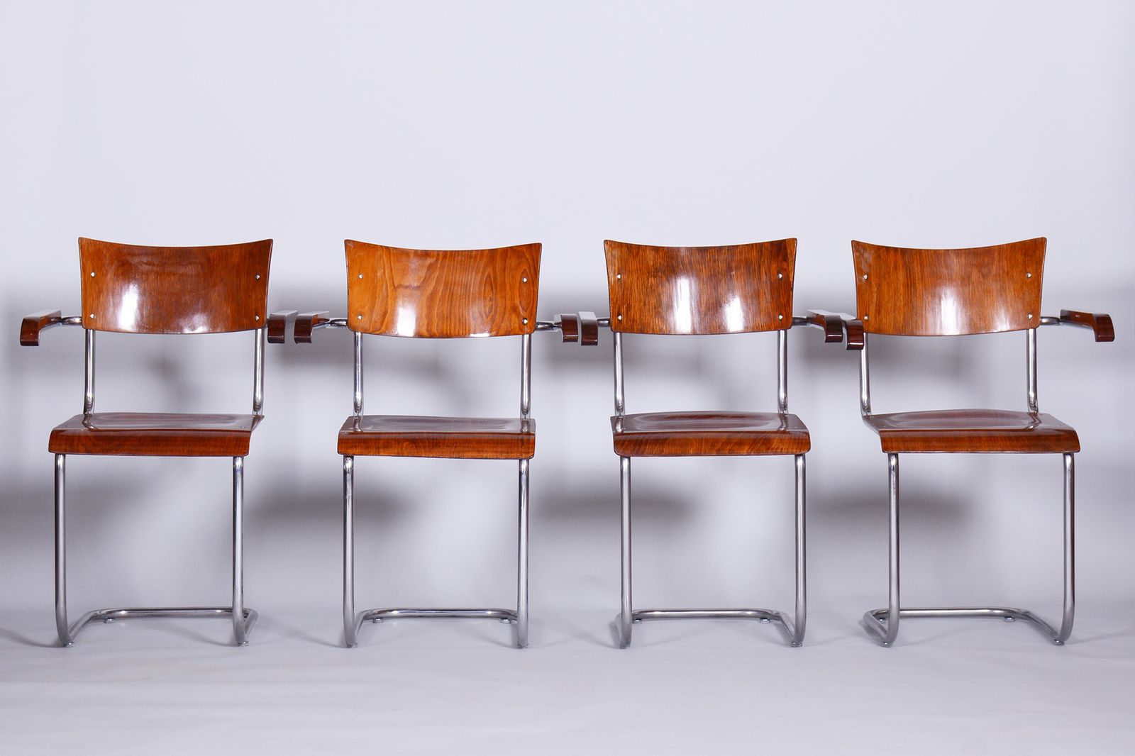 Set Of 4 Restored Bauhaus Beech Armchairs Designed By Mart Stam, 1930s, Czechia, High Gloss photo for sale