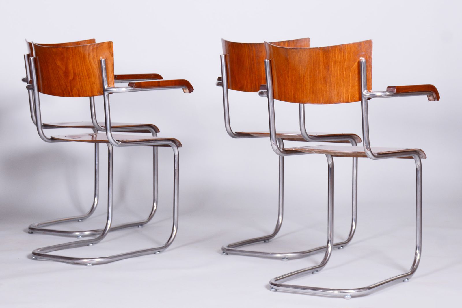 Set Of 4 Restored Bauhaus Beech Armchairs Designed By Mart Stam, 1930s, Czechia, High Gloss photo 2250.0
