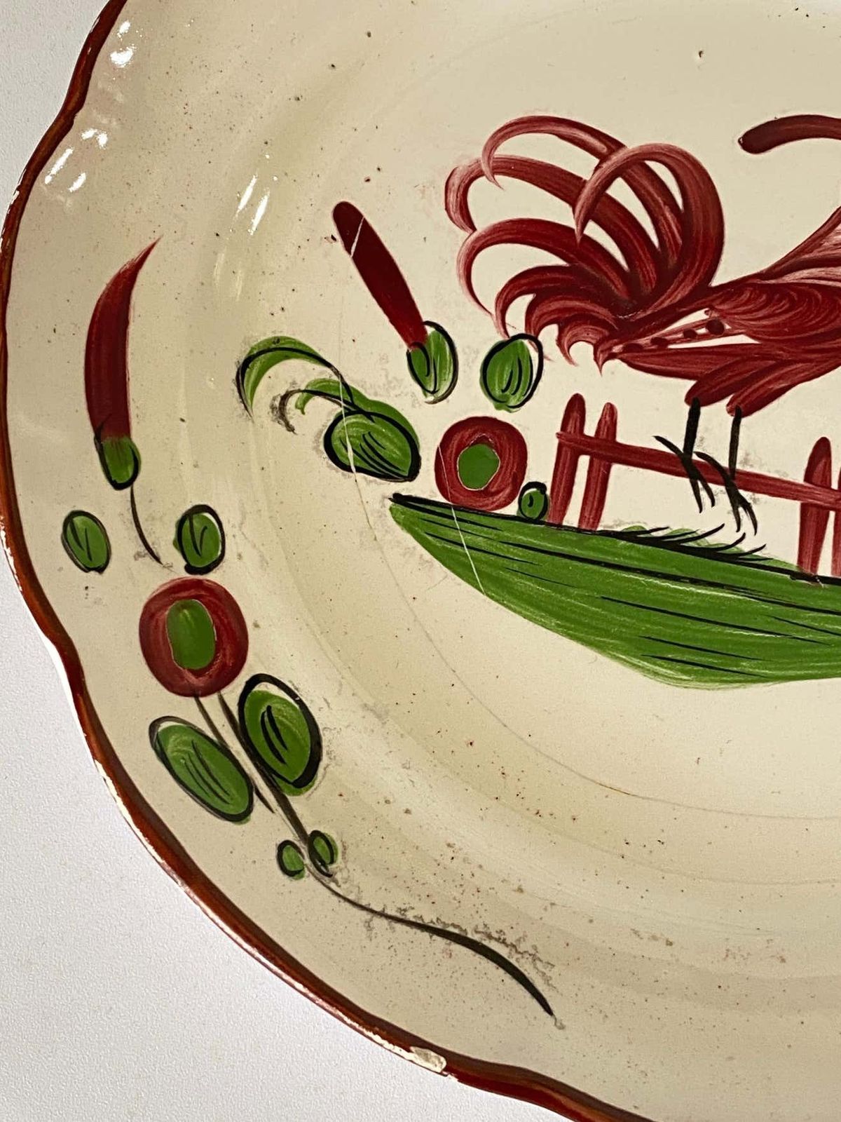 Plate In French Faïence, Red And Green Color, 19th Century, Rooster photo furniture