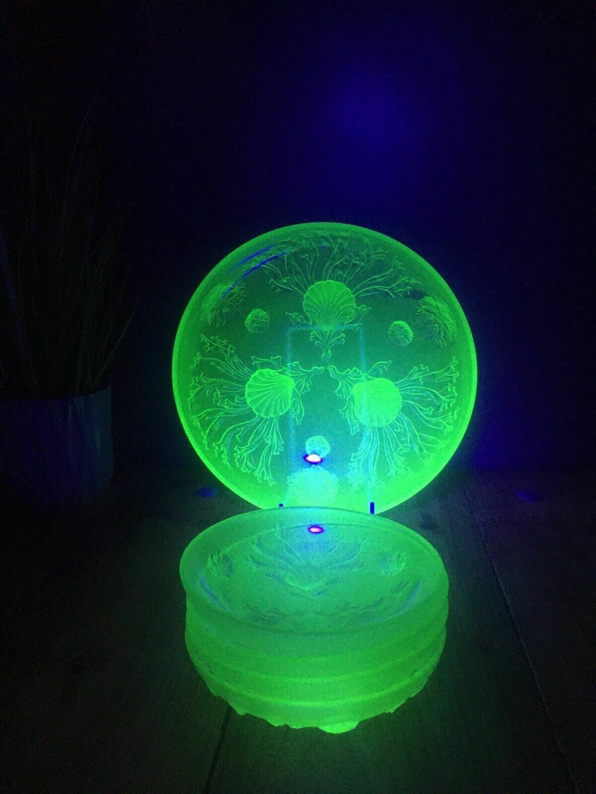 Art Deco Uranium Glass Dessert Bowl Set Seaweed Seashell Verlys Walther & Sohne