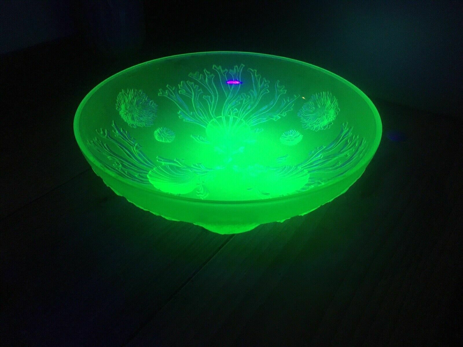 Art Deco Uranium Glass Dessert Bowl Set Seaweed Seashell Verlys Walther & Sohne photo Home Decor