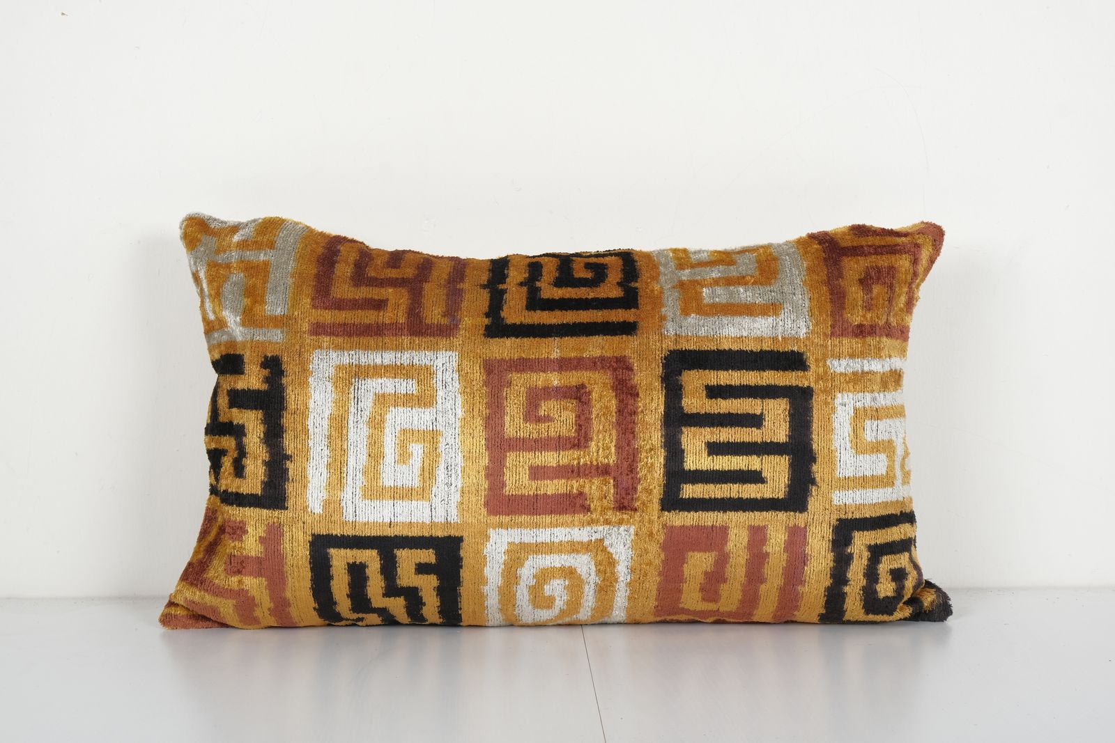 Gold Silk Ikat Velvet Pillow, Silk Ikat Lumbar Cushion Cover, Colorful Ikat Lumbar Pillows, Extraordinary Design Velvet  15'' X 25''