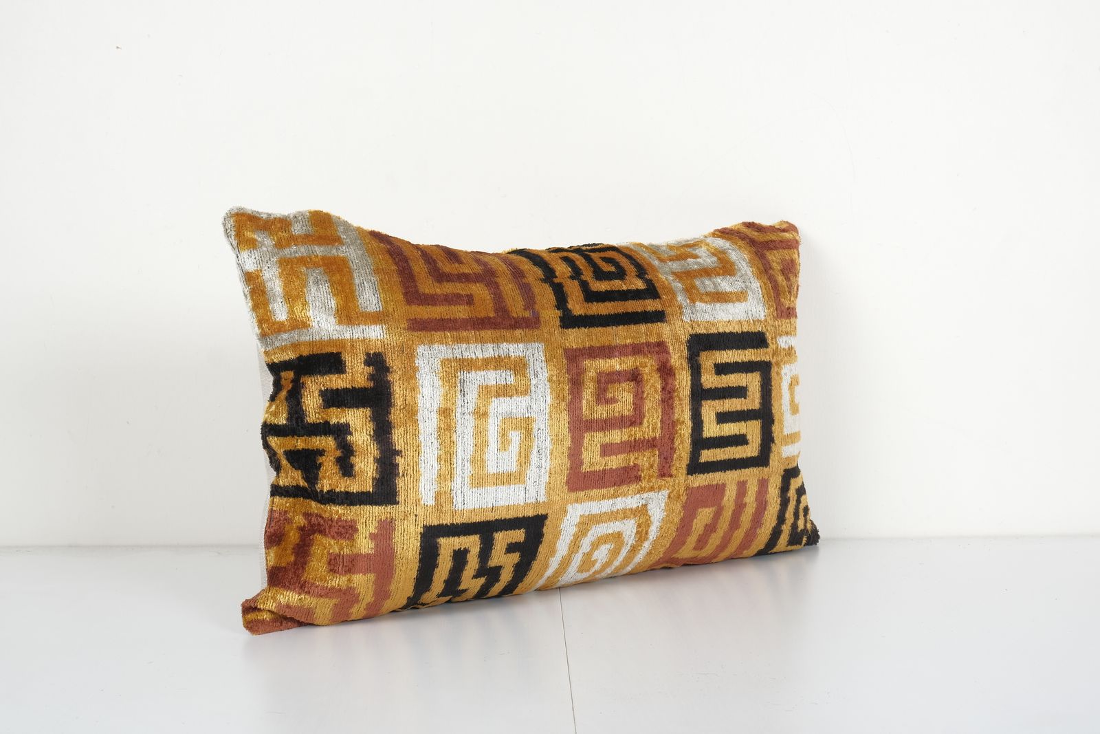 Gold Silk Ikat Velvet Pillow, Silk Ikat Lumbar Cushion Cover, Colorful Ikat Lumbar Pillows, Extraordinary Design Velvet  15'' X 25'' photo furniture