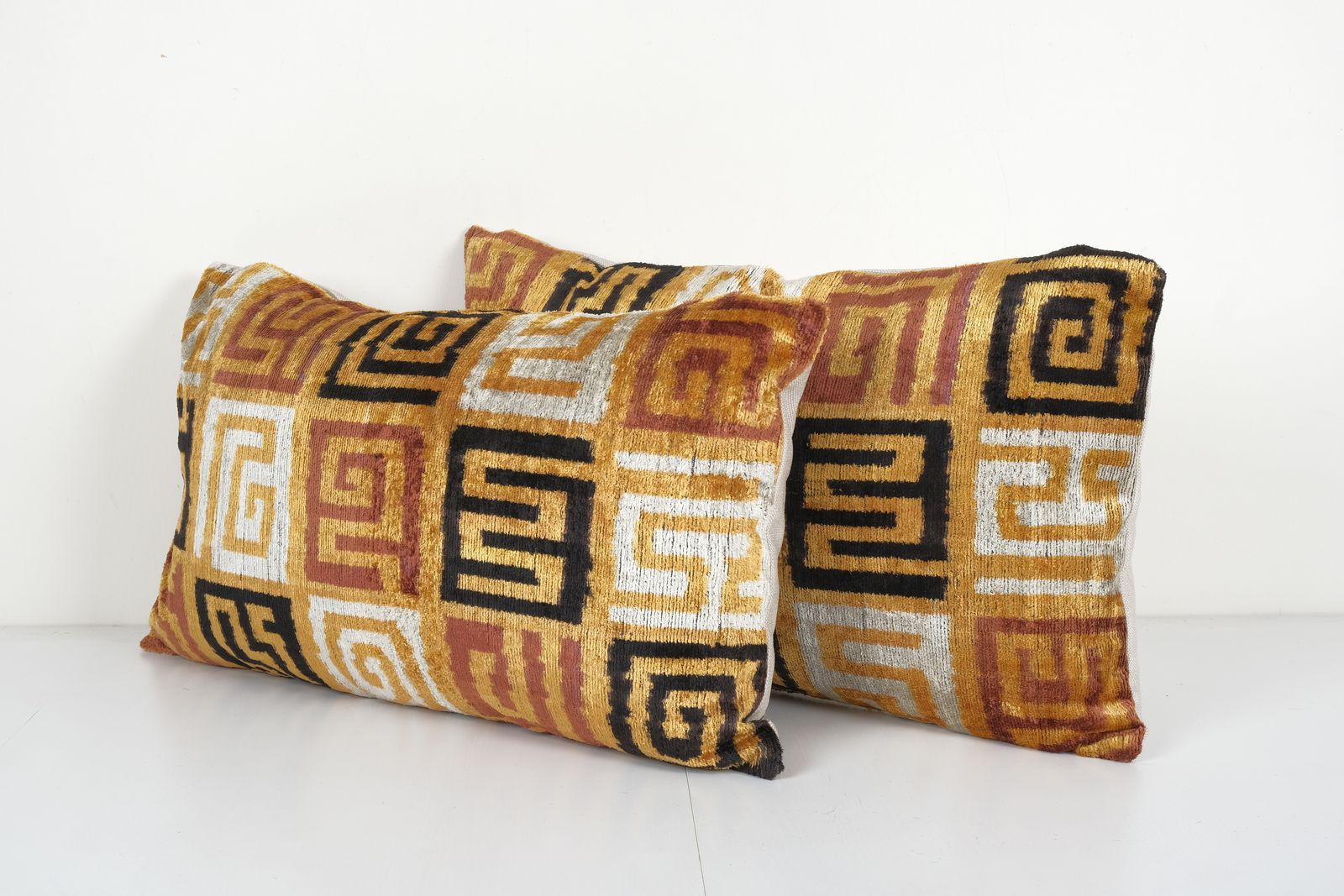 Set Of Two Silk Ikat Velvet Pillow, Matching Red Uzbek Ikat Cushion Cover, Designer Pillow 15'' X 25'' photo Textiles