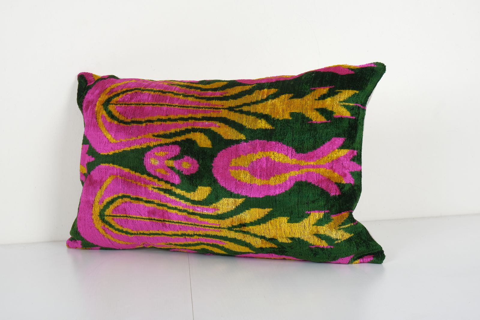 Ikat Hot Pink And Dark Green Pillow Cover With Tulip Pattern   Silk Ethnic Velvet Lumbar Pillow Cover   Designer Pillow 16'' X 24'' photo for sale