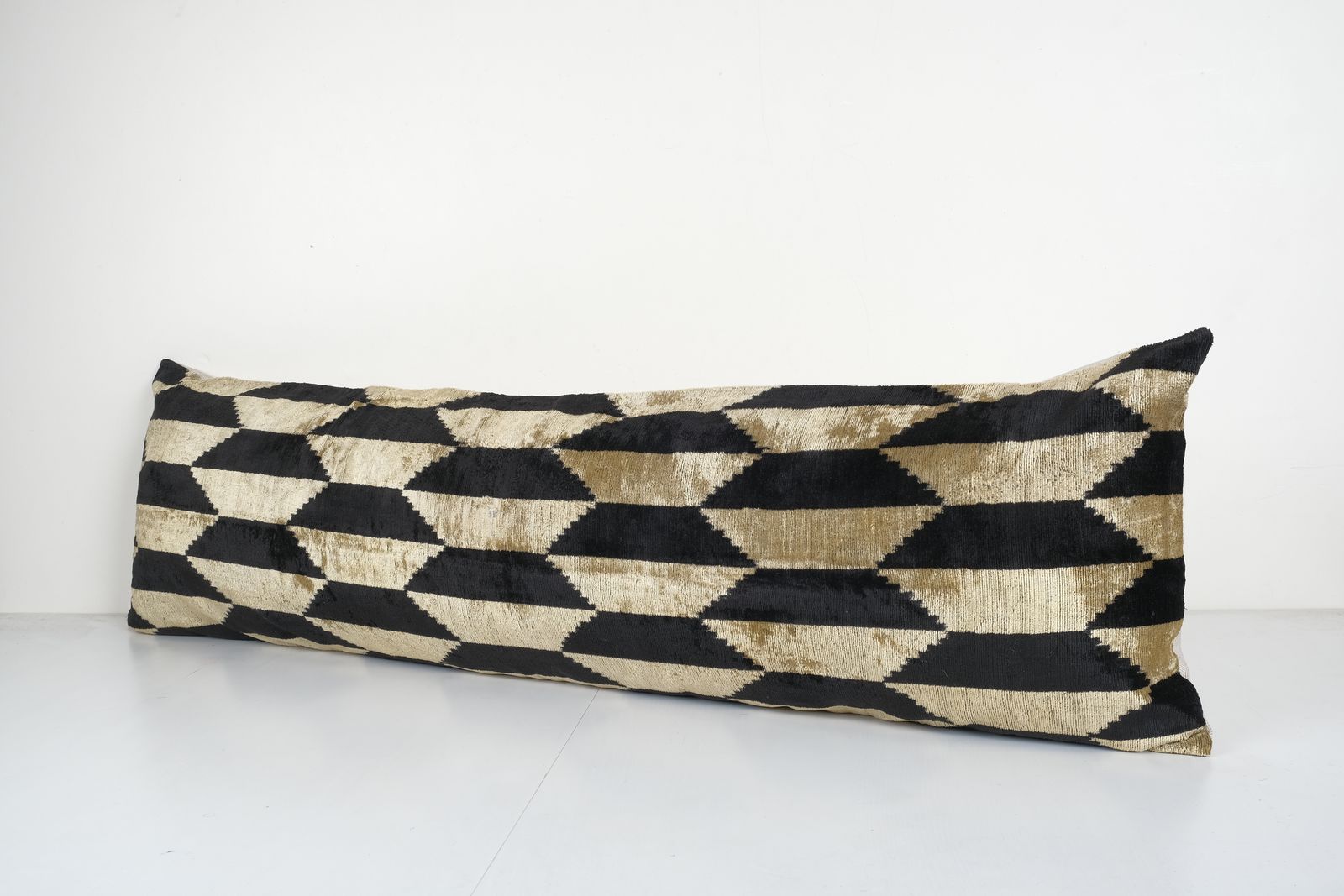 Silk Ikat Velvet Pillow, Extra Long Faded Bronze And Black Silk Ikat Lumbar Cushion Cover, Quadrilateral Velvet 16'' X 51'' photo furniture