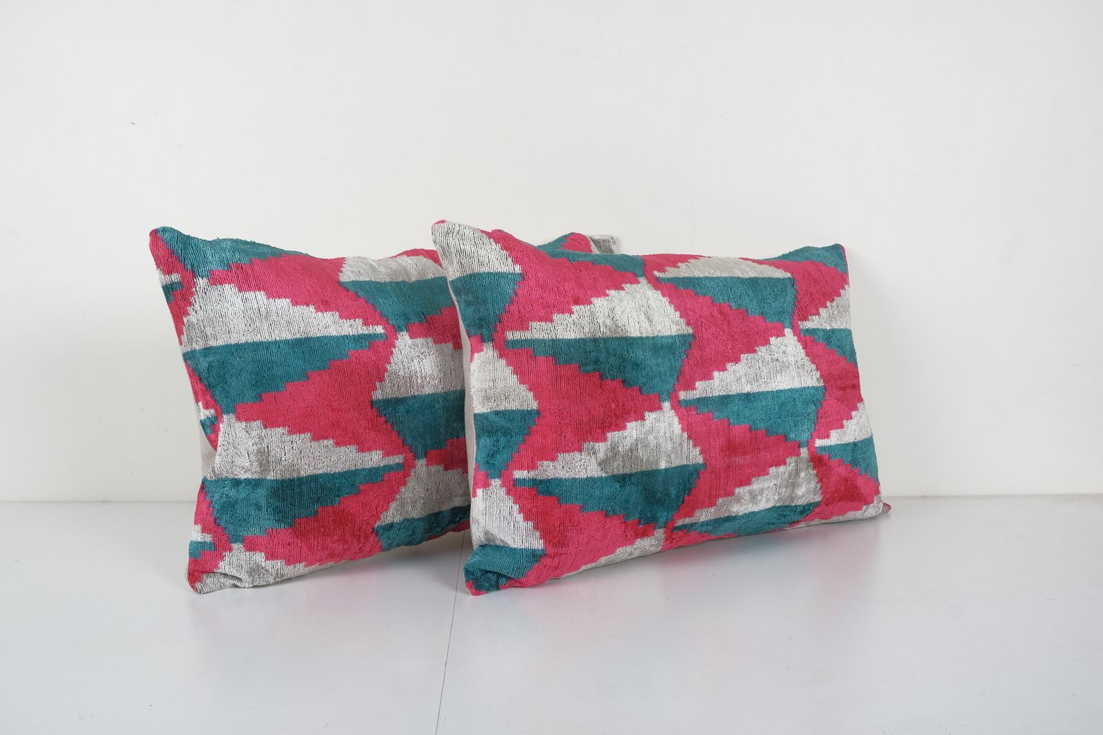 Silk Ikat Velvet Lumbar Pillow Cover, Matching Pink Ikat Lumbar Pillowcase, Set Designer Throw Pillow 16'' X 24'' photo for sale