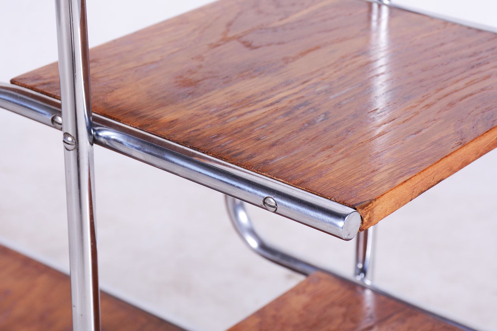 Unusual Czech Oak Bauhaus Style Chrome étagère, Flower Stand, Kovona, Czechia, 1930s photo 1150.0