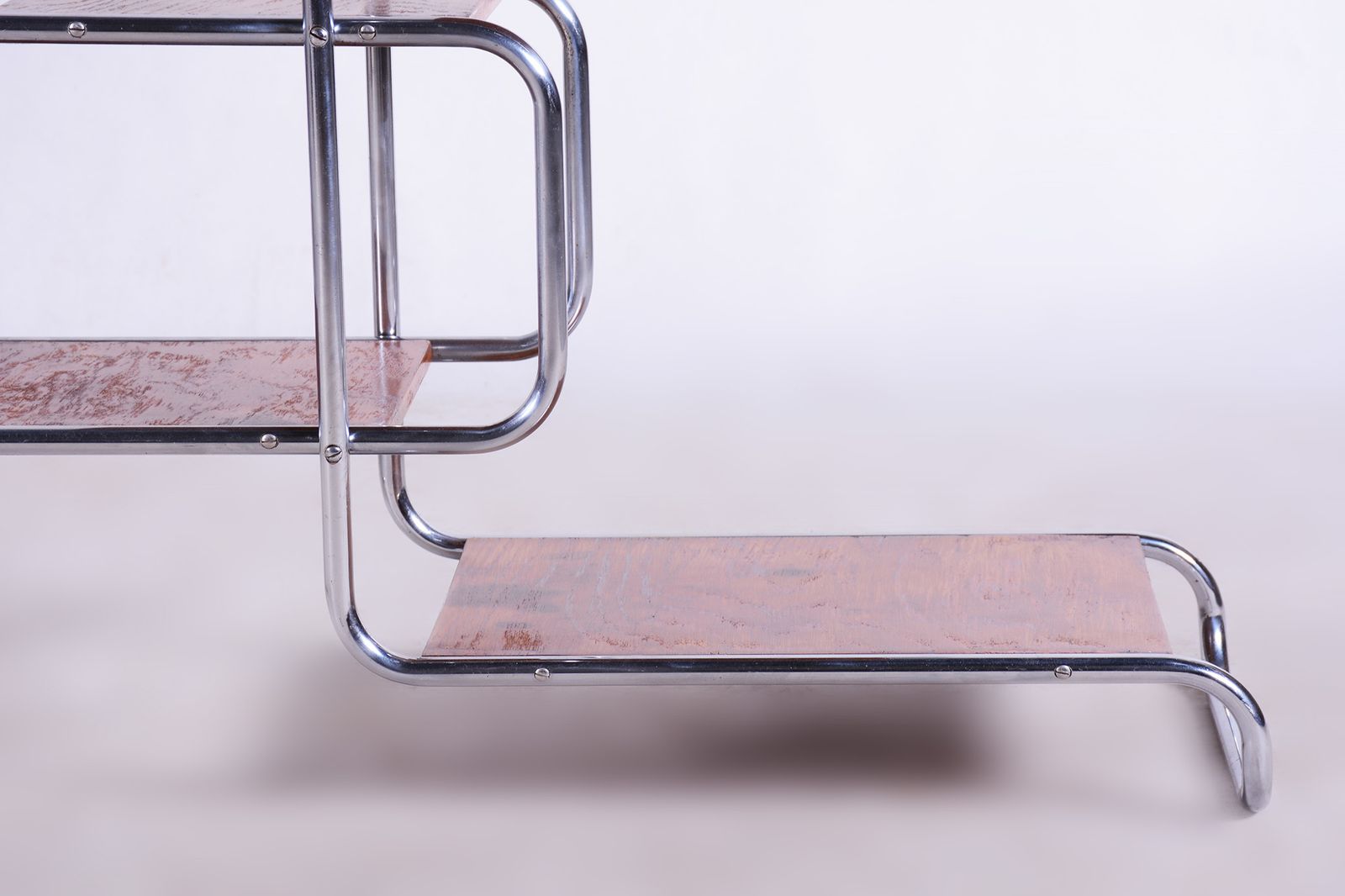 Unusual Czech Oak Bauhaus Style Chrome étagère, Flower Stand, Kovona, Czechia, 1930s photo vinterior