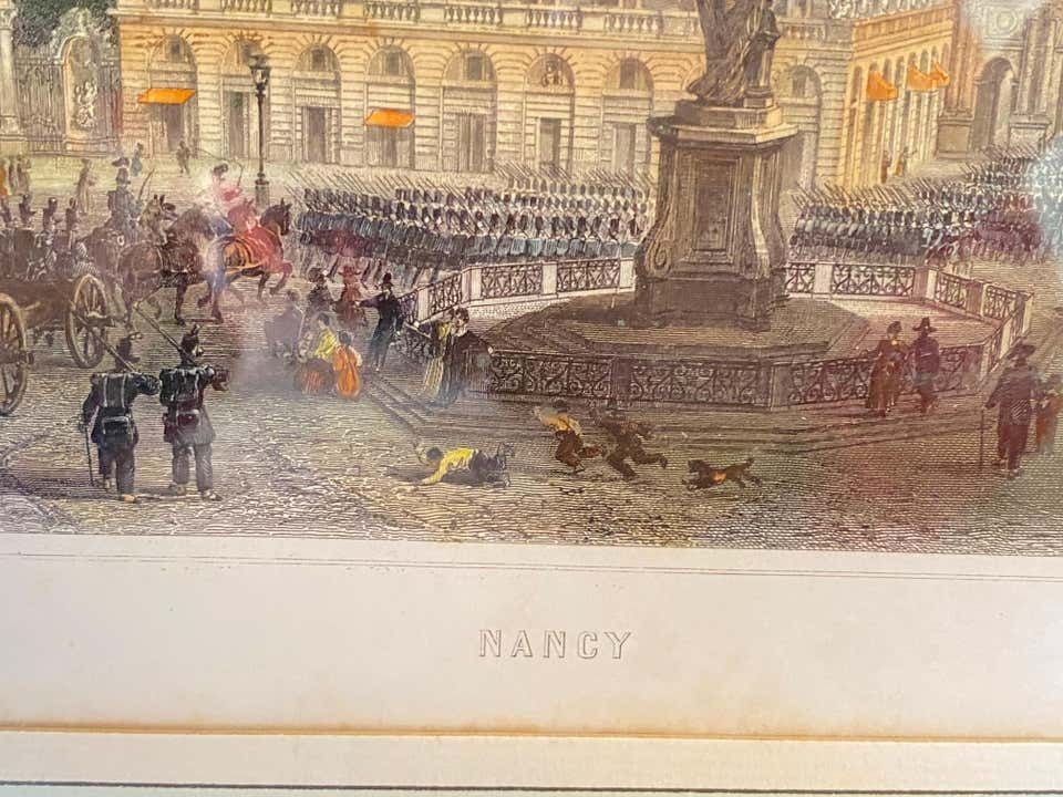 Engraving In Color, Architectural Place In Nancy With Characters, France 18th photo vintage