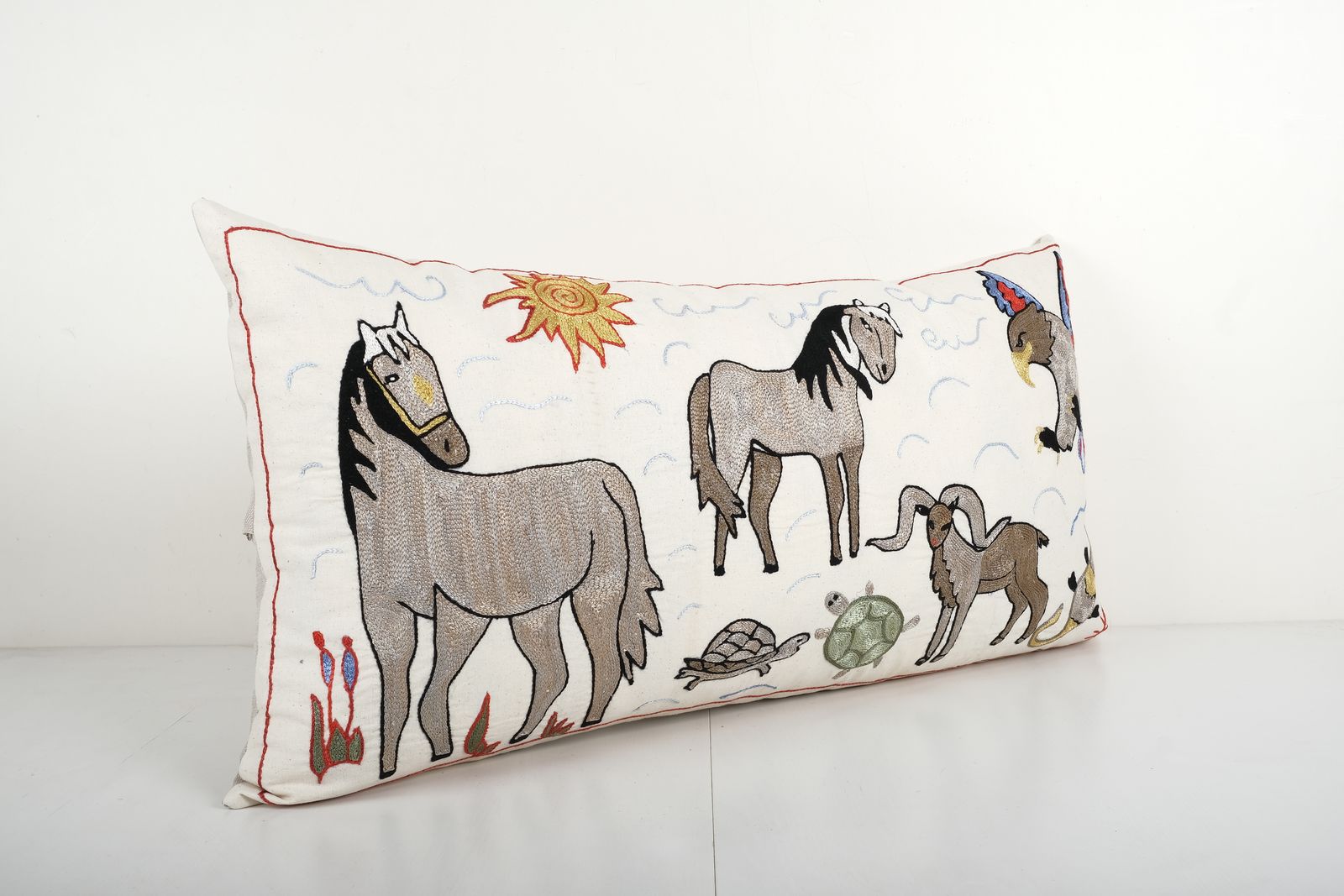 Uzbek Long Suzani Cover With Animal Motif, Horse Bukhara Pillow Case Made From Cotton Fabric 18'' X 35'' photo for sale