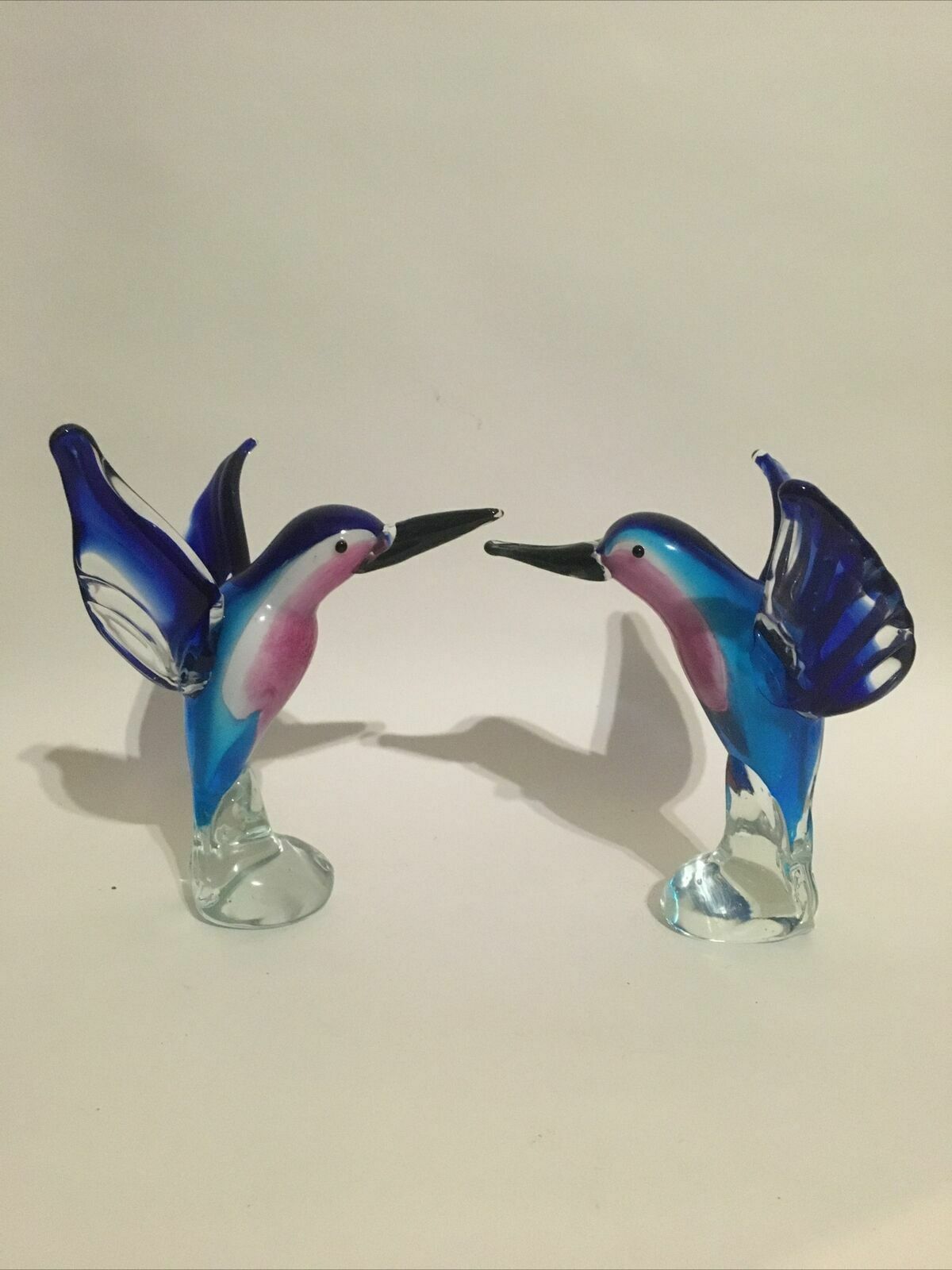 Pair Of Art Glass Hummingbirds Or Kingfishers Handmade Ornaments Murano Style photo vintage