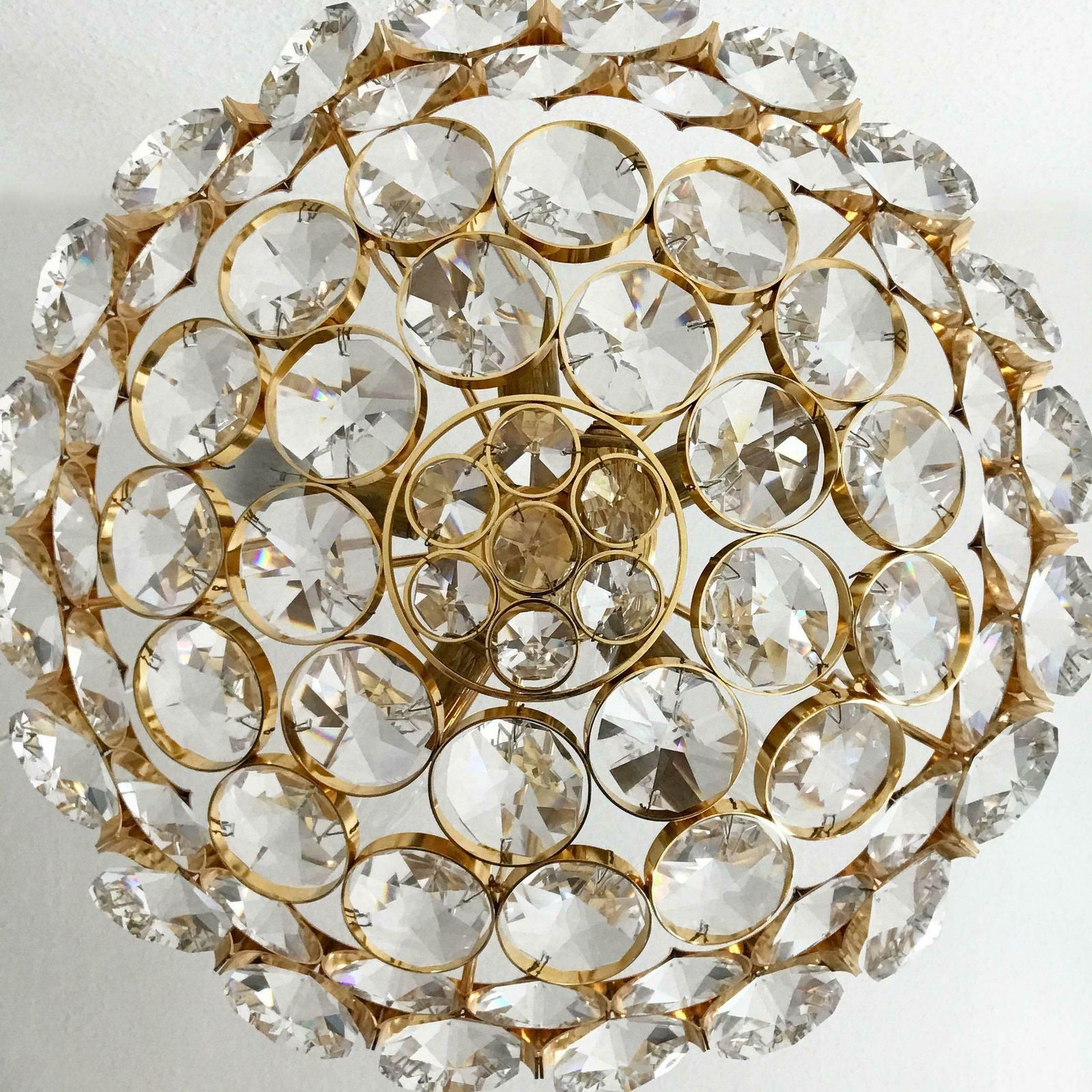 Gorgeous Gilt Brass Facet Cut Crystal Glass Chandelier By Palwa Germany 1960s photo vintage