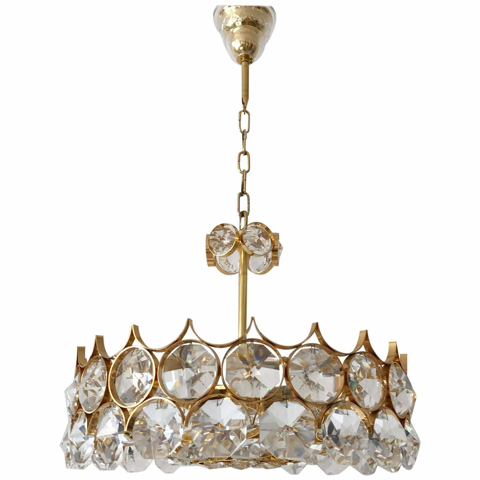 photo for sale Gorgeous Gilt Brass Facet Cut Crystal Glass Chandelier By Palwa Germany 1960s