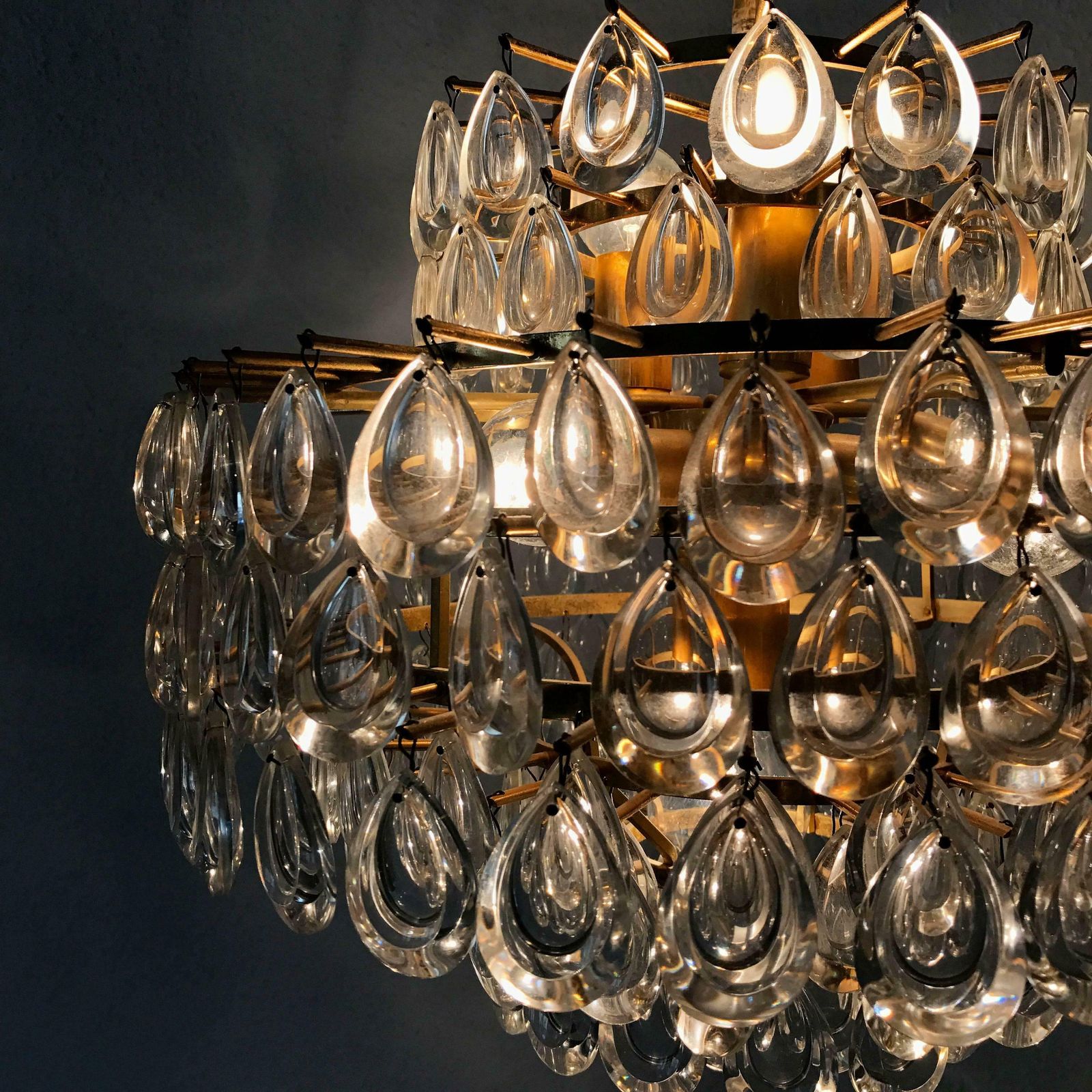 Seven Tiered Gilt Brass Chandelier Or Pendant Lamp By Palwa Germany 1960s photo vintage