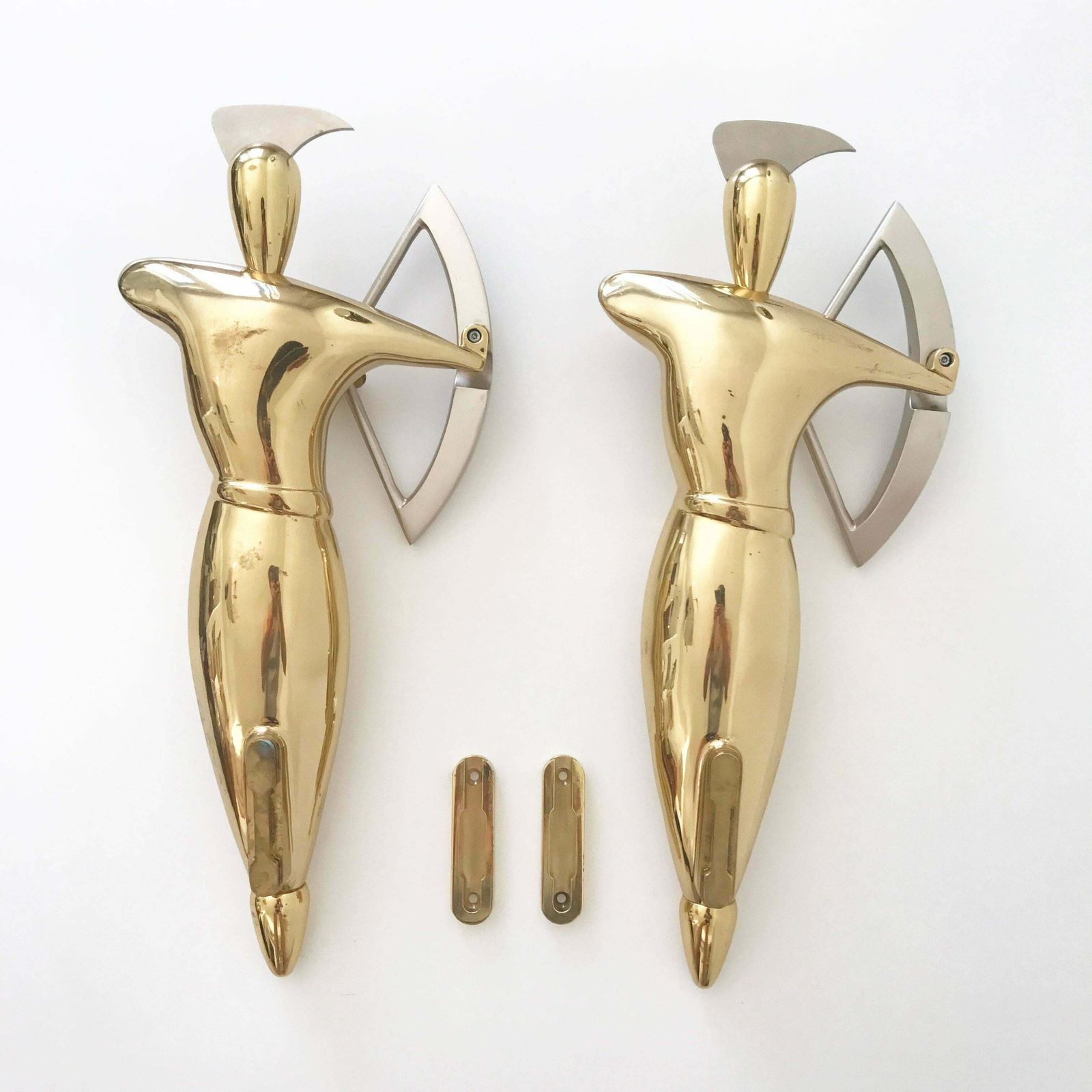 Set Of Two Hollywood Regency Wall Mount Massive Brass & Steel Archers 1980s photo vintage
