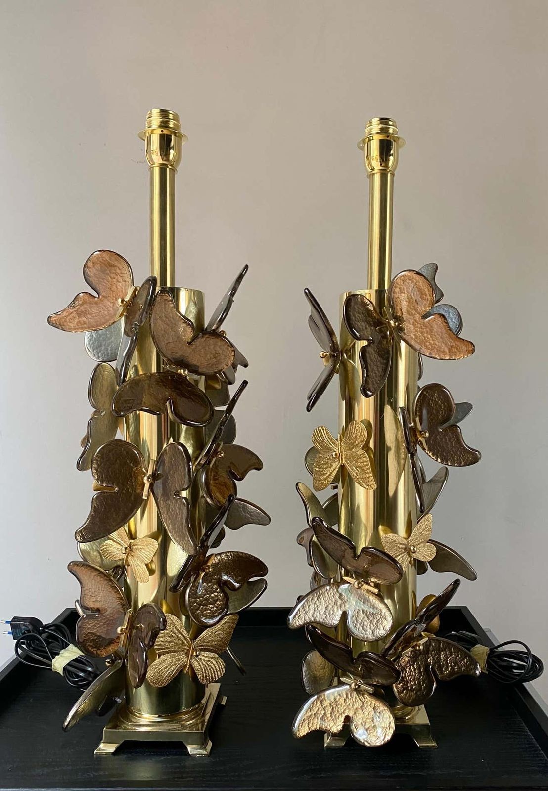 Pair Of Gold Metal Lamps With Murano Glass Butterflies photo 4359.0