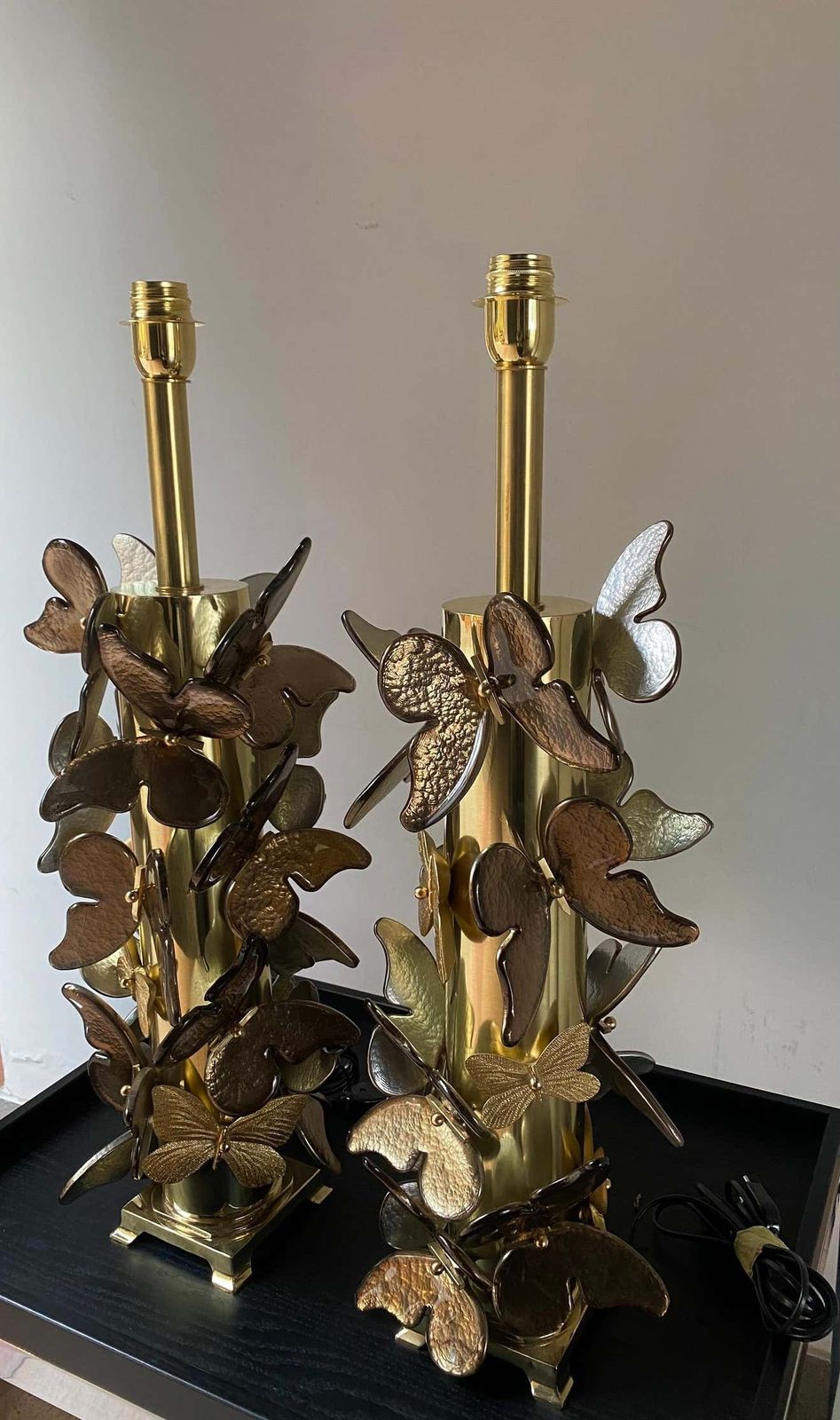 Pair Of Gold Metal Lamps With Murano Glass Butterflies photo buy