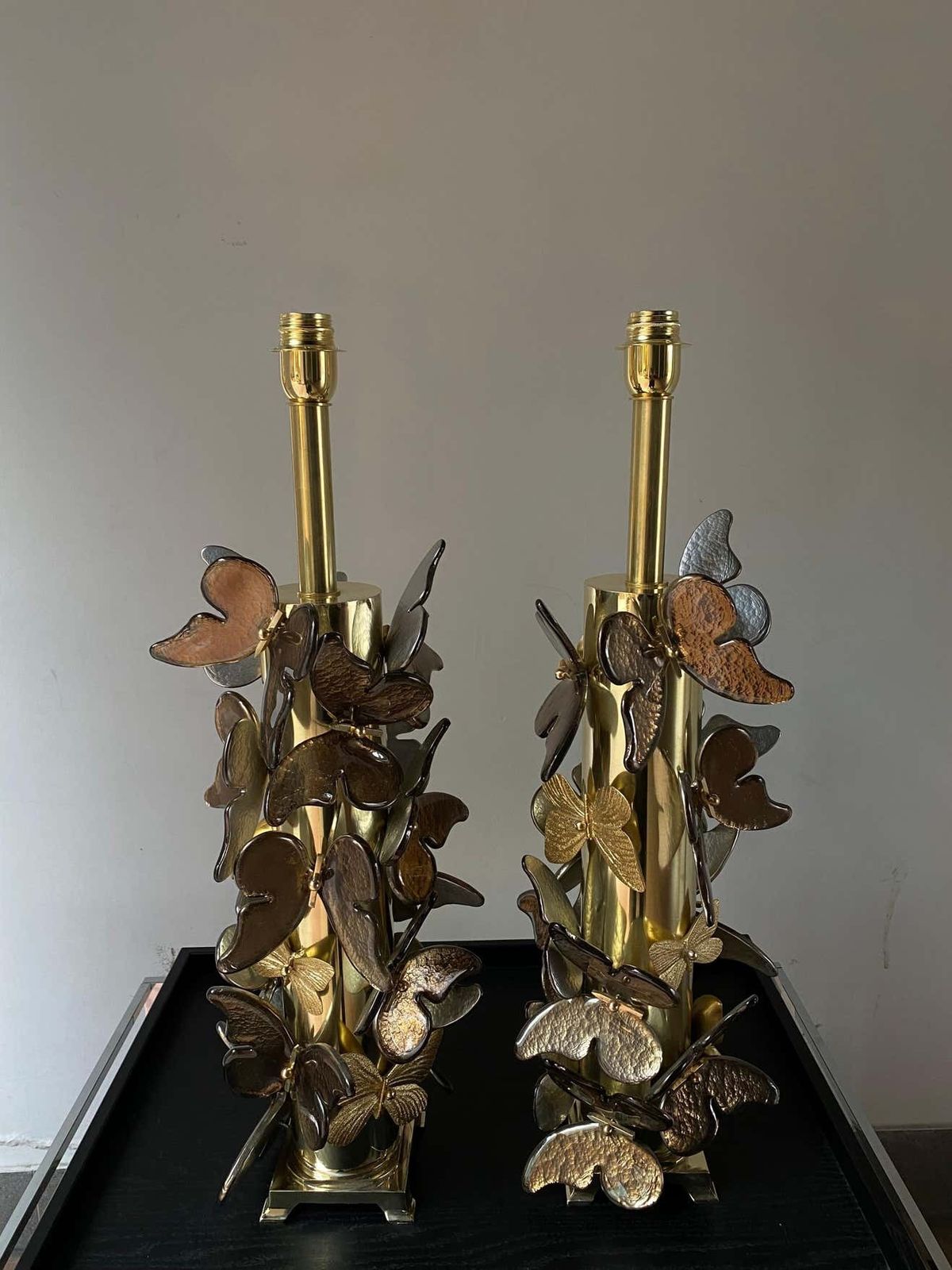 Pair Of Gold Metal Lamps With Murano Glass Butterflies photo vintage